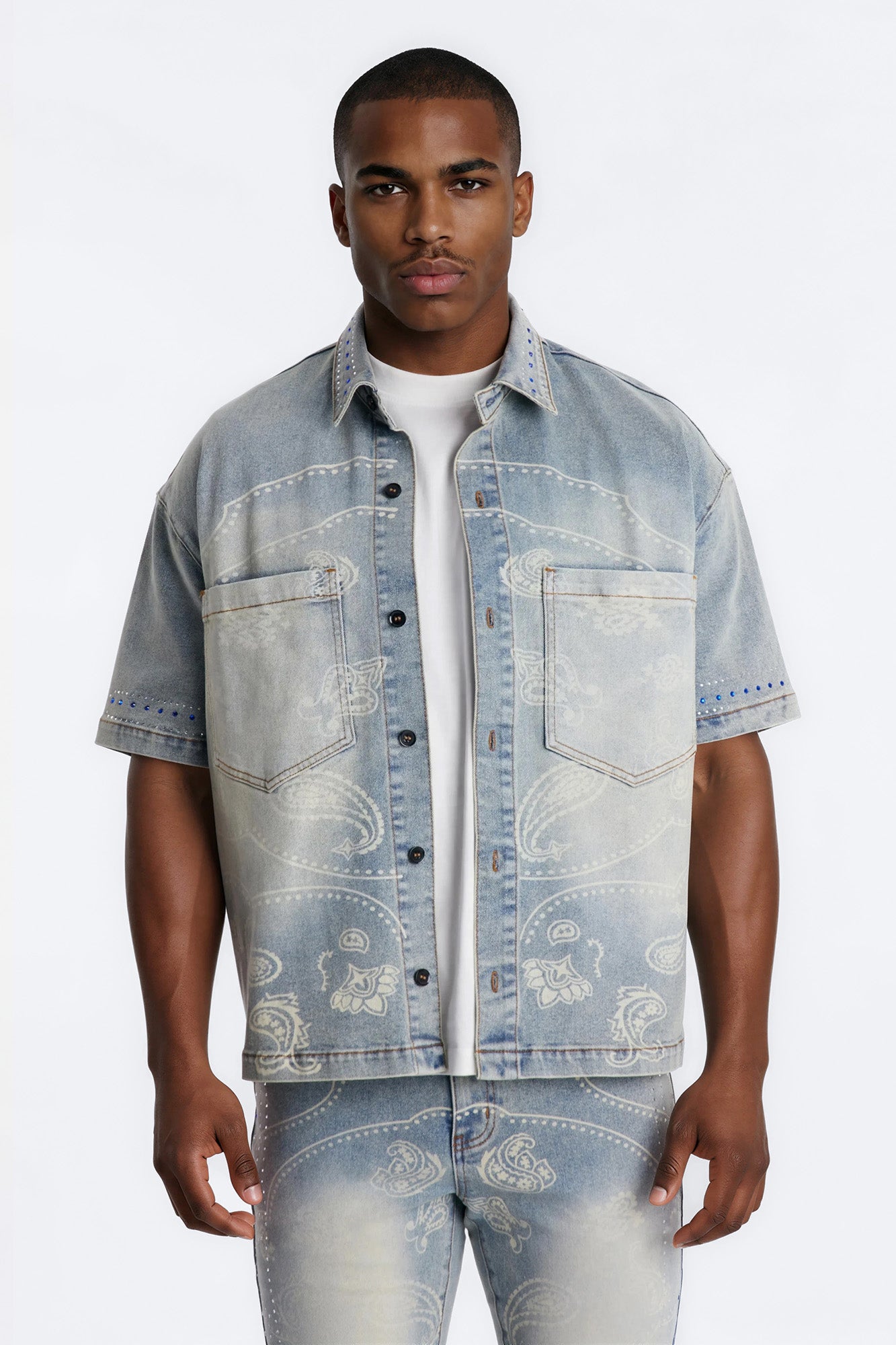 Rhinestone Bandana Boxy Denim Button Up Shirt - Light Blue Wash