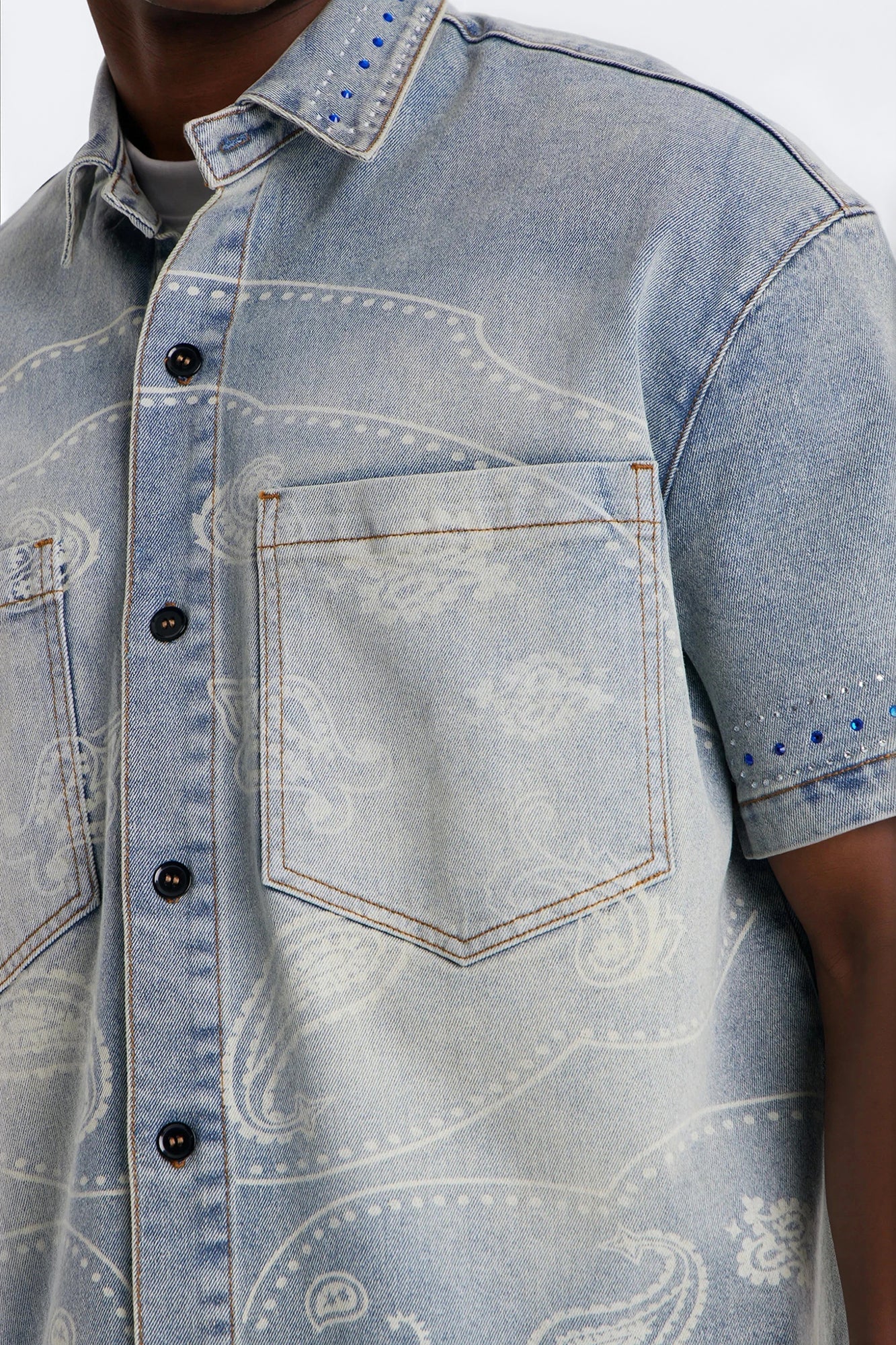 Rhinestone Bandana Boxy Denim Button Up Shirt - Light Blue Wash