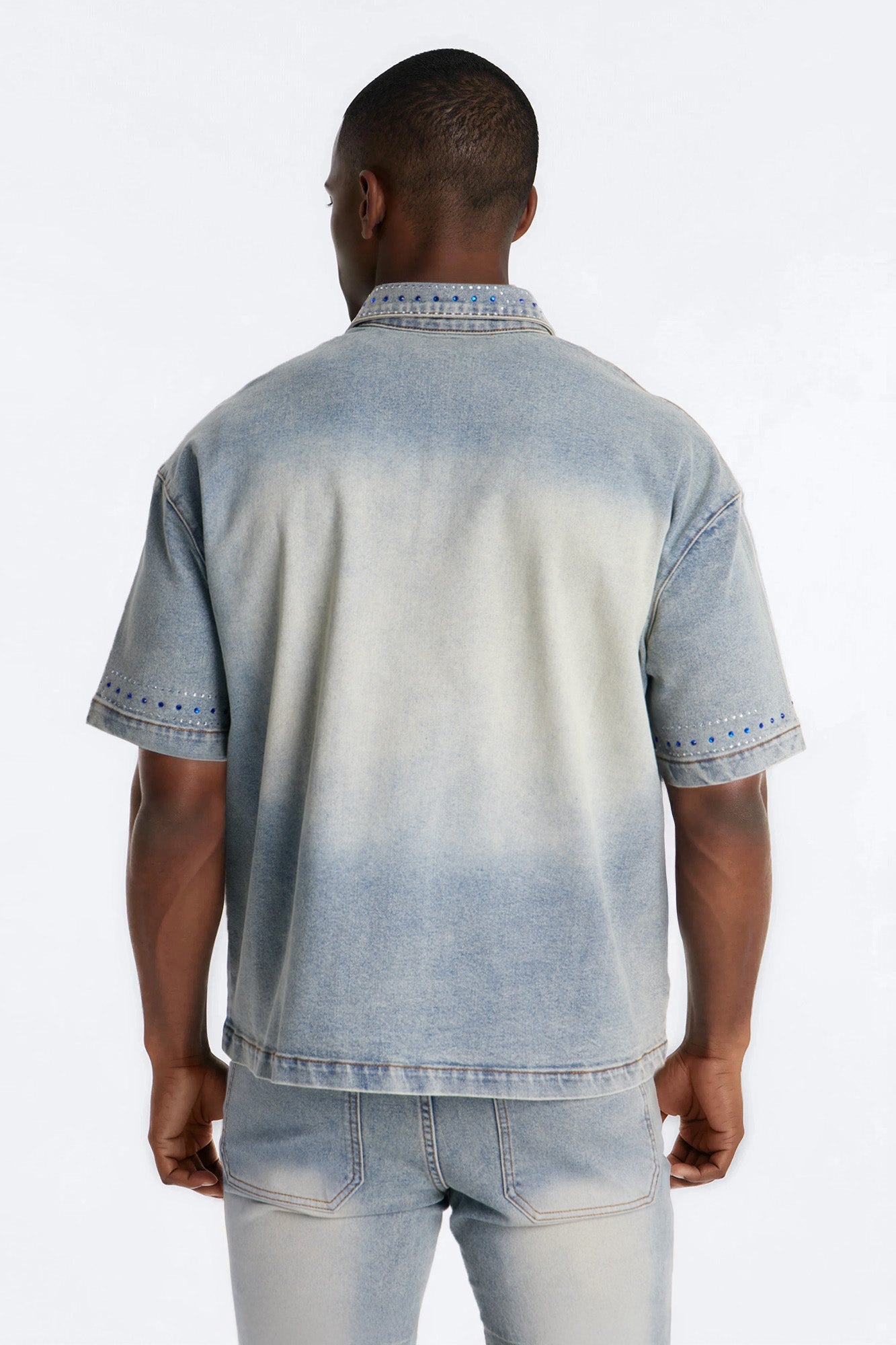 Rhinestone Bandana Boxy Denim Button Up Shirt - Light Blue Wash