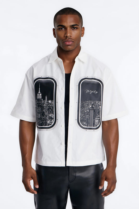 Skyline Views Short Sleeve Button Up Shirt - White