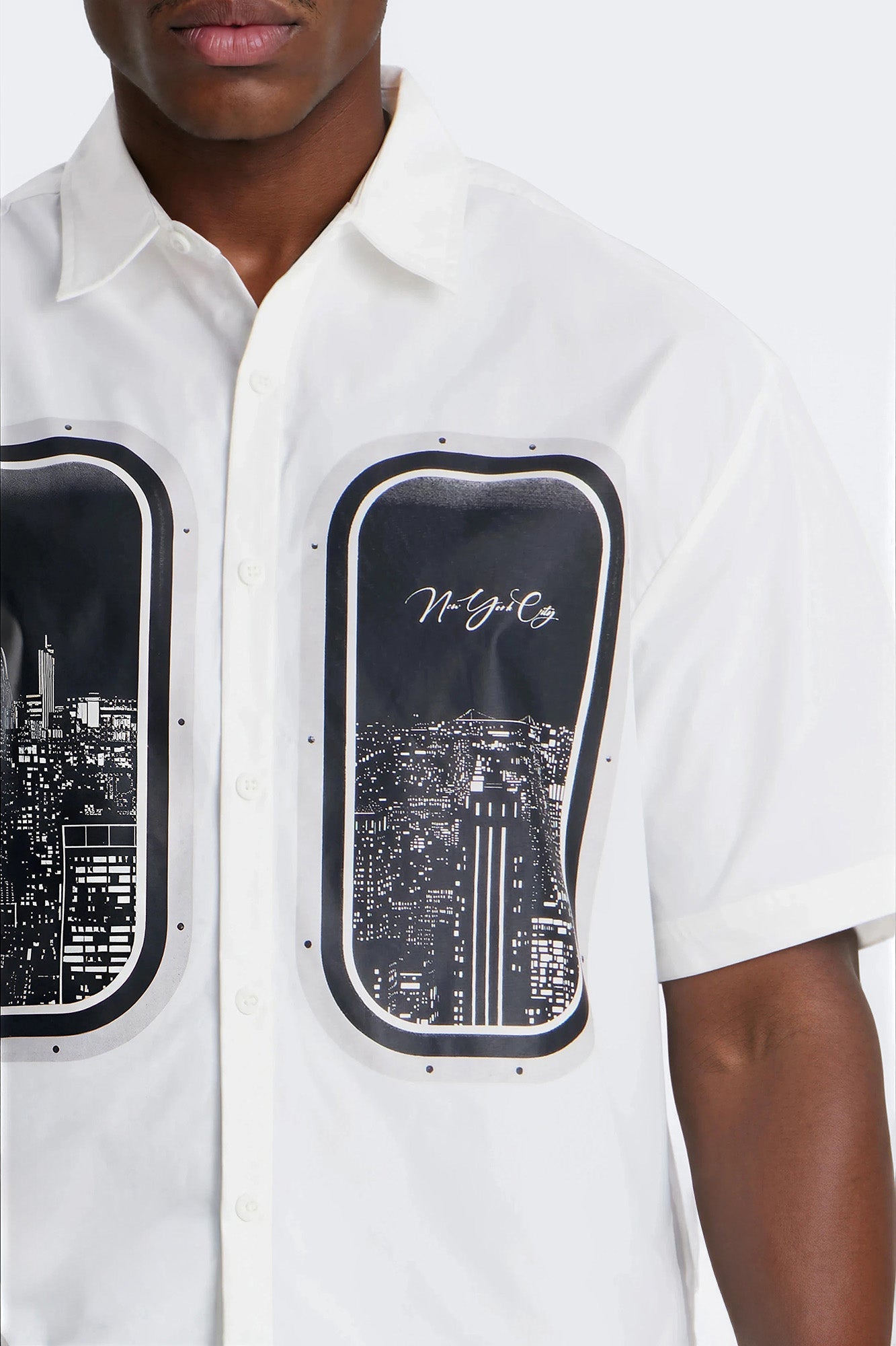 Skyline Views Short Sleeve Button Up Shirt - White
