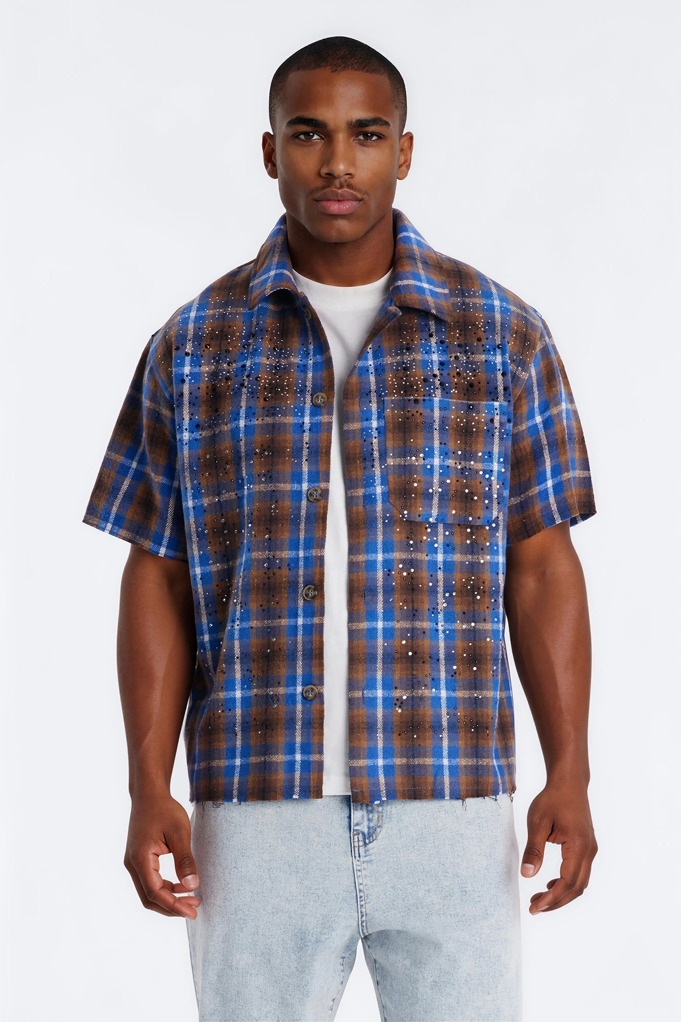 Jeweled Plaid Raw Hem Button Up Shirt - Blue