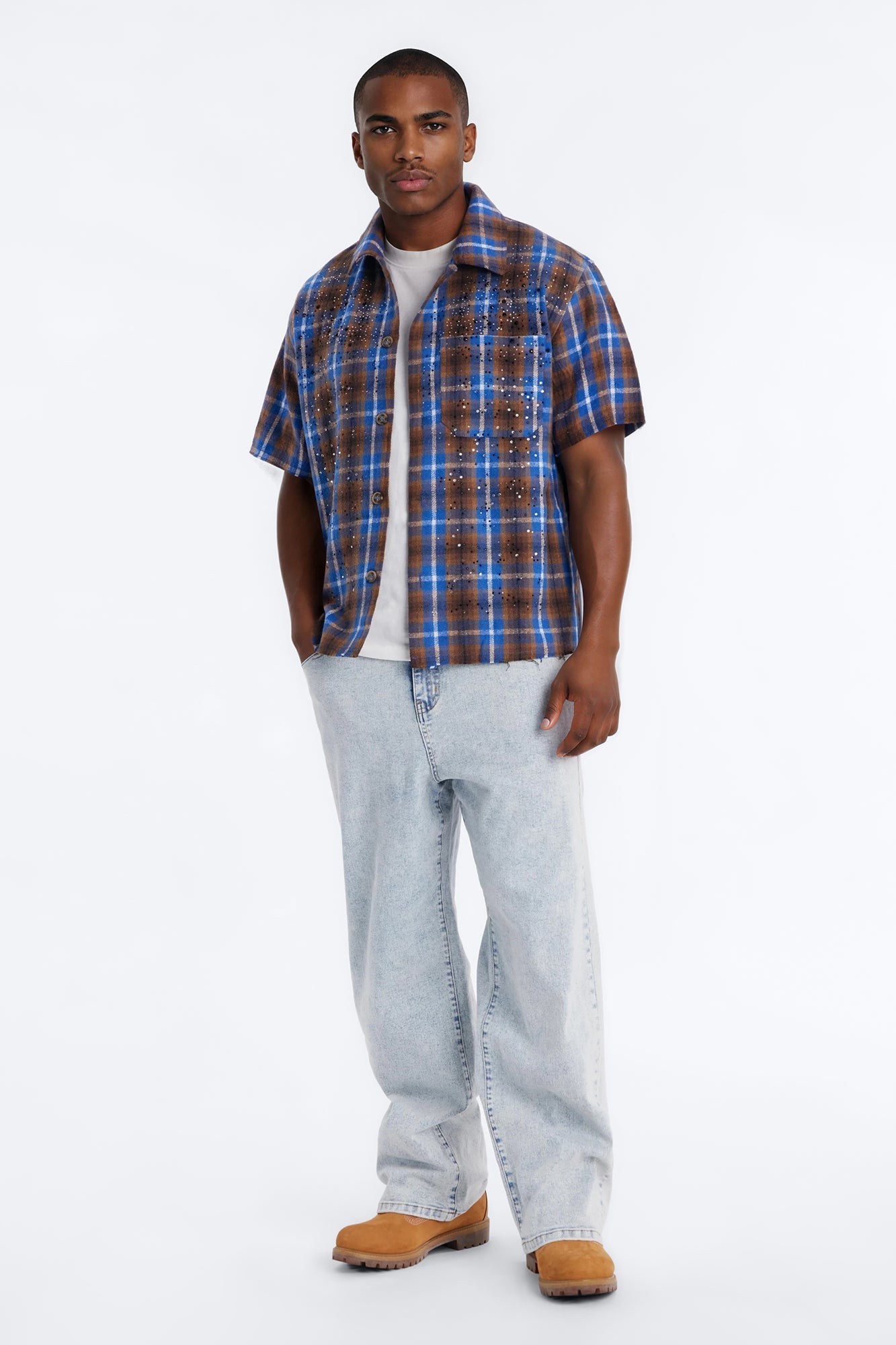 Jeweled Plaid Raw Hem Button Up Shirt - Blue