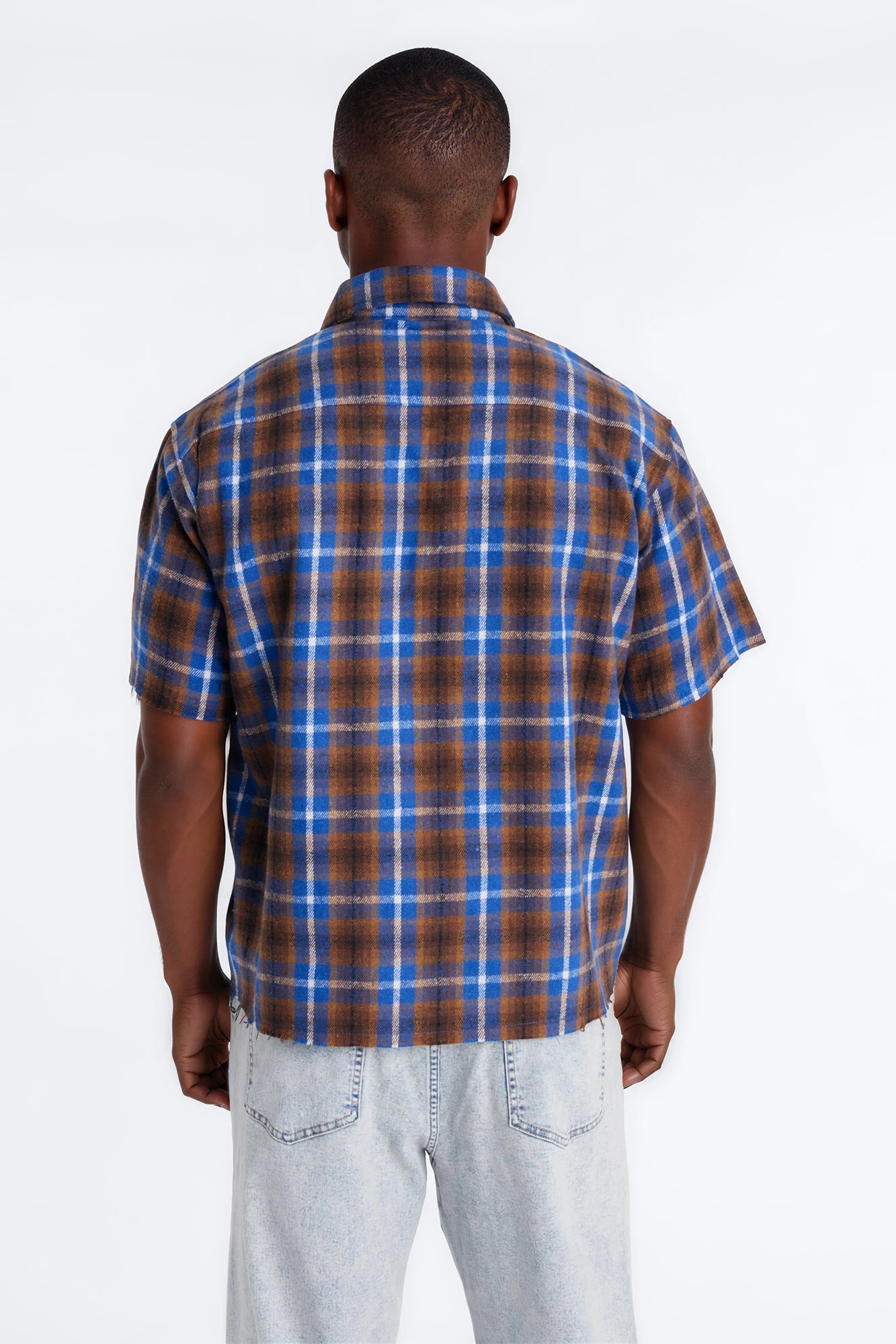 Jeweled Plaid Raw Hem Button Up Shirt - Blue