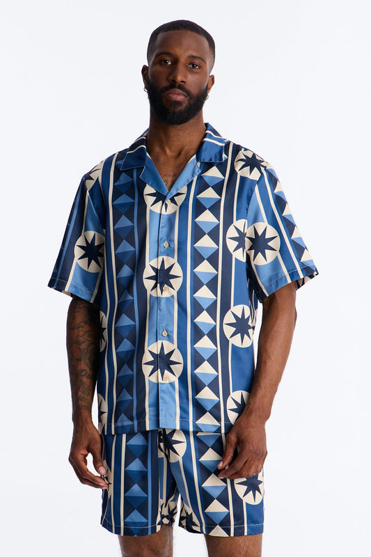 Toscana Geo Cuban Collar Shirt - Blue