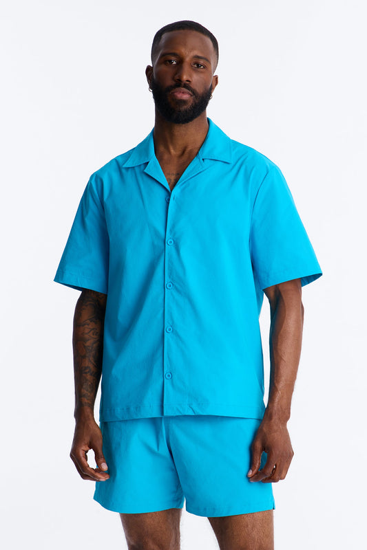 Montez Cuban Collar Button Up Shirt - Blue