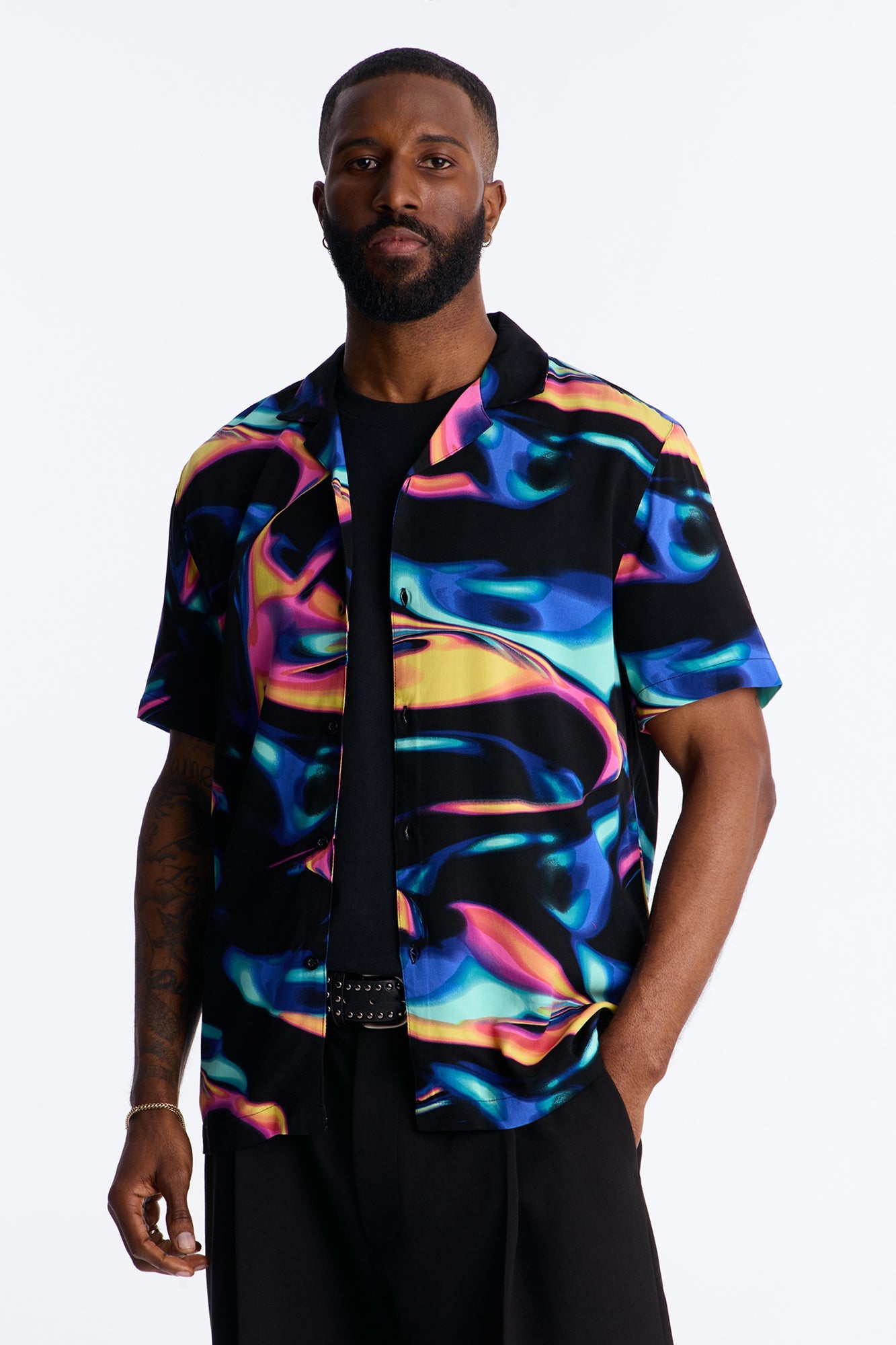 Retro Vibe Cuban Collar Button Up Shirt - Blue/combo