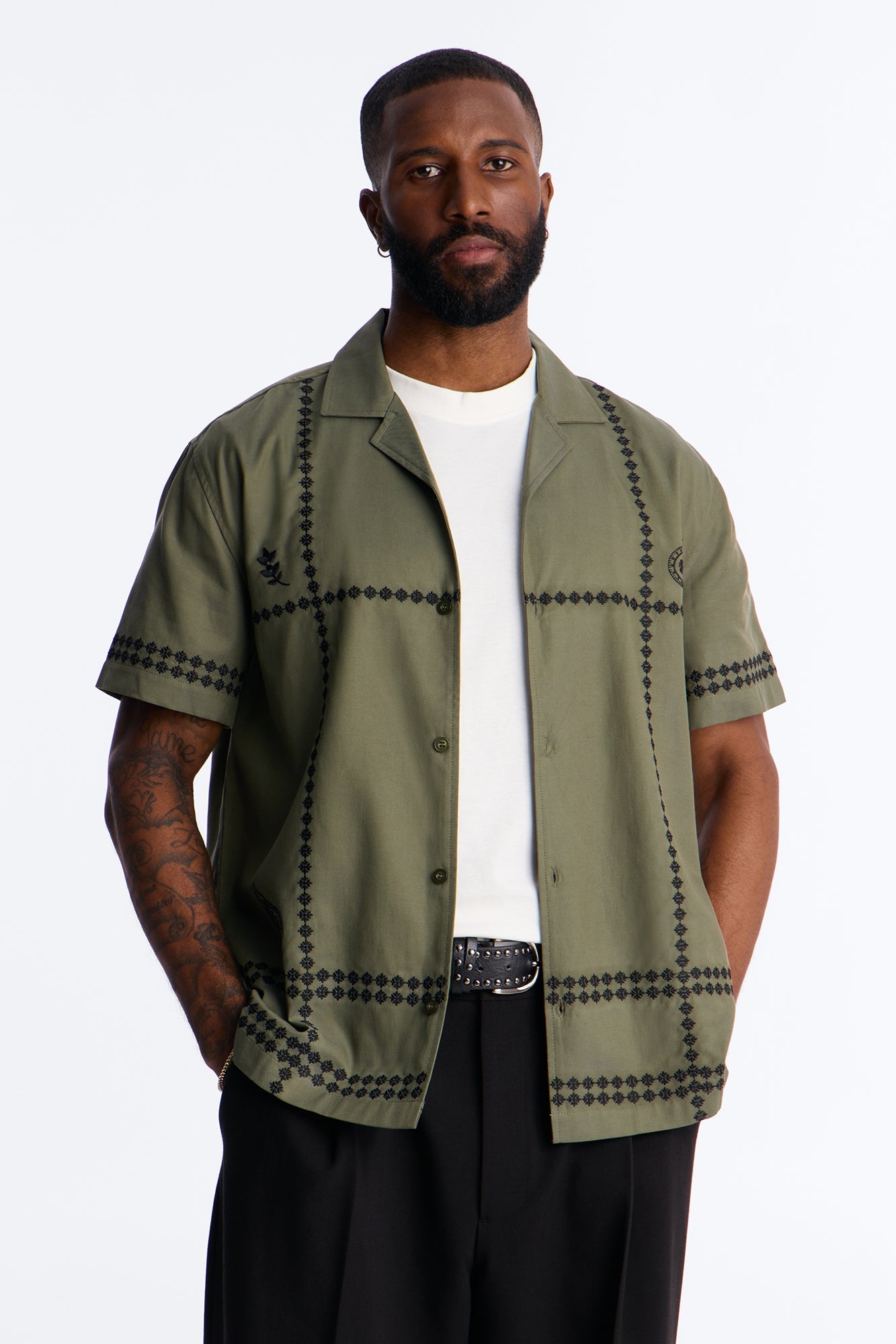 Coastal Embroidered Cuban Collar Button Up Shirt - Olive
