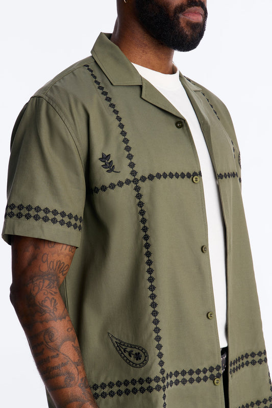 Coastal Embroidered Cuban Collar Button Up Shirt - Olive