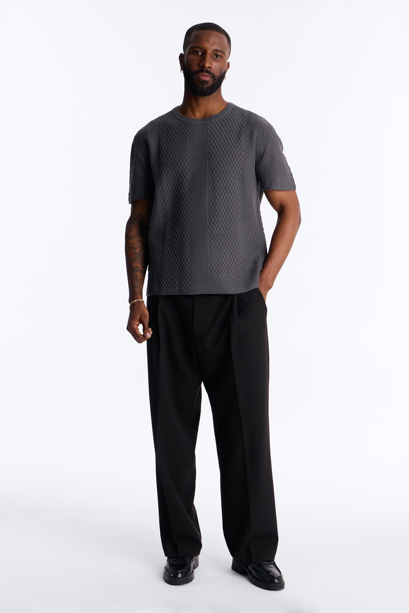 Relaxed Knitted Crewneck Tee - Black