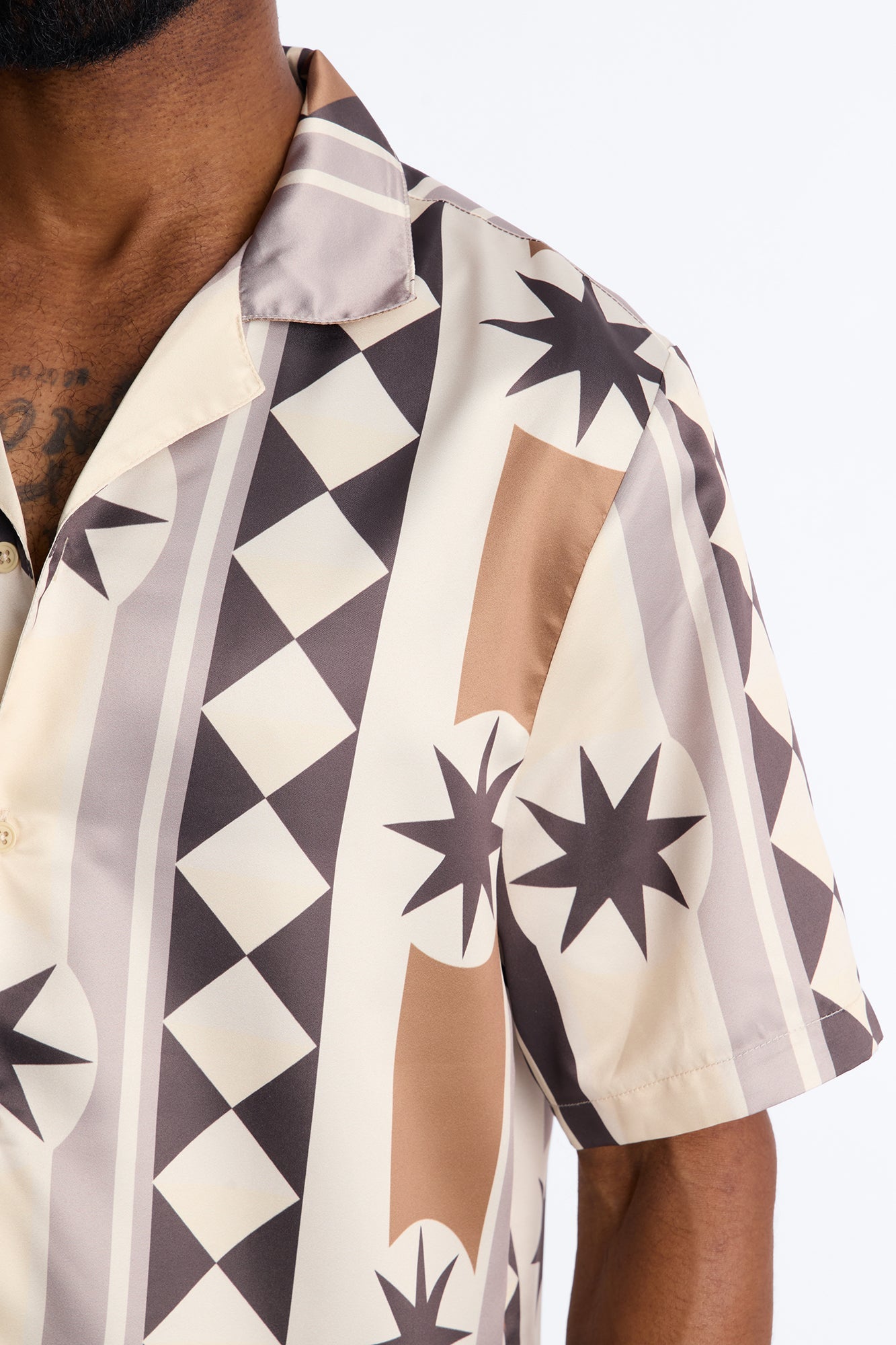Toscana Geo Cuban Collar Shirt - Tan