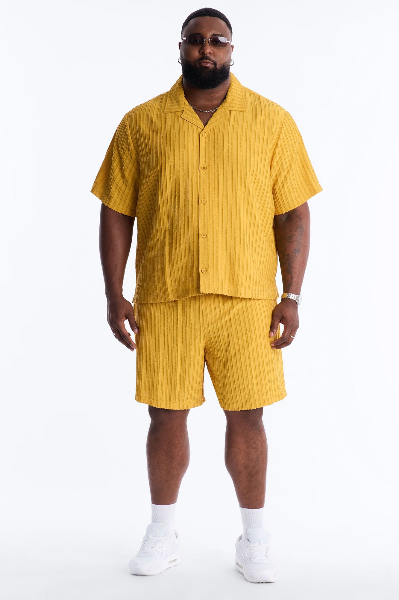 Relaxed Aegean Pleat Cuban Collar Button Up - Mustard