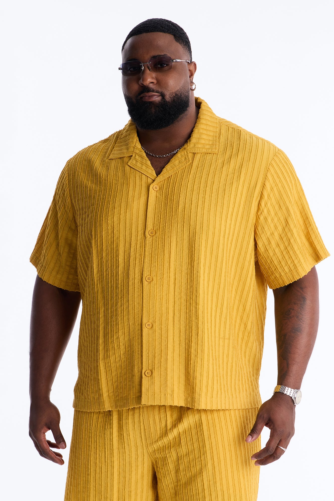 Relaxed Aegean Pleat Cuban Collar Button Up - Mustard