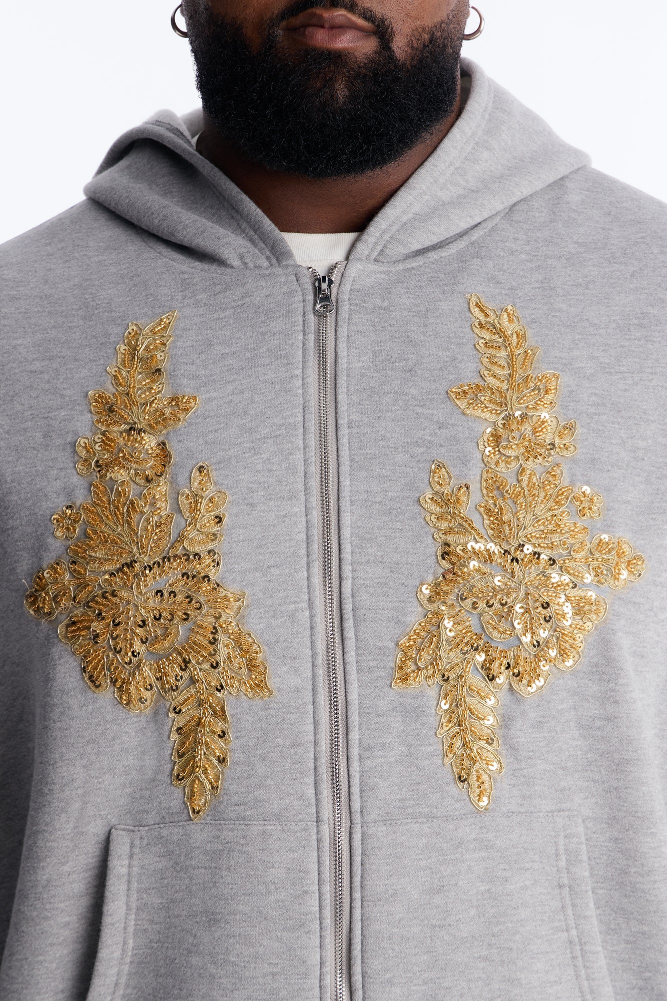Oversized Rogue Sequin Applique Zip Up Hoodie - Grey