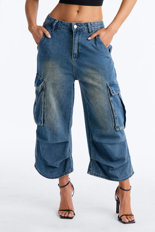 Sunset Junction Baggy Cropped Cargo Jeans - Vintage Wash