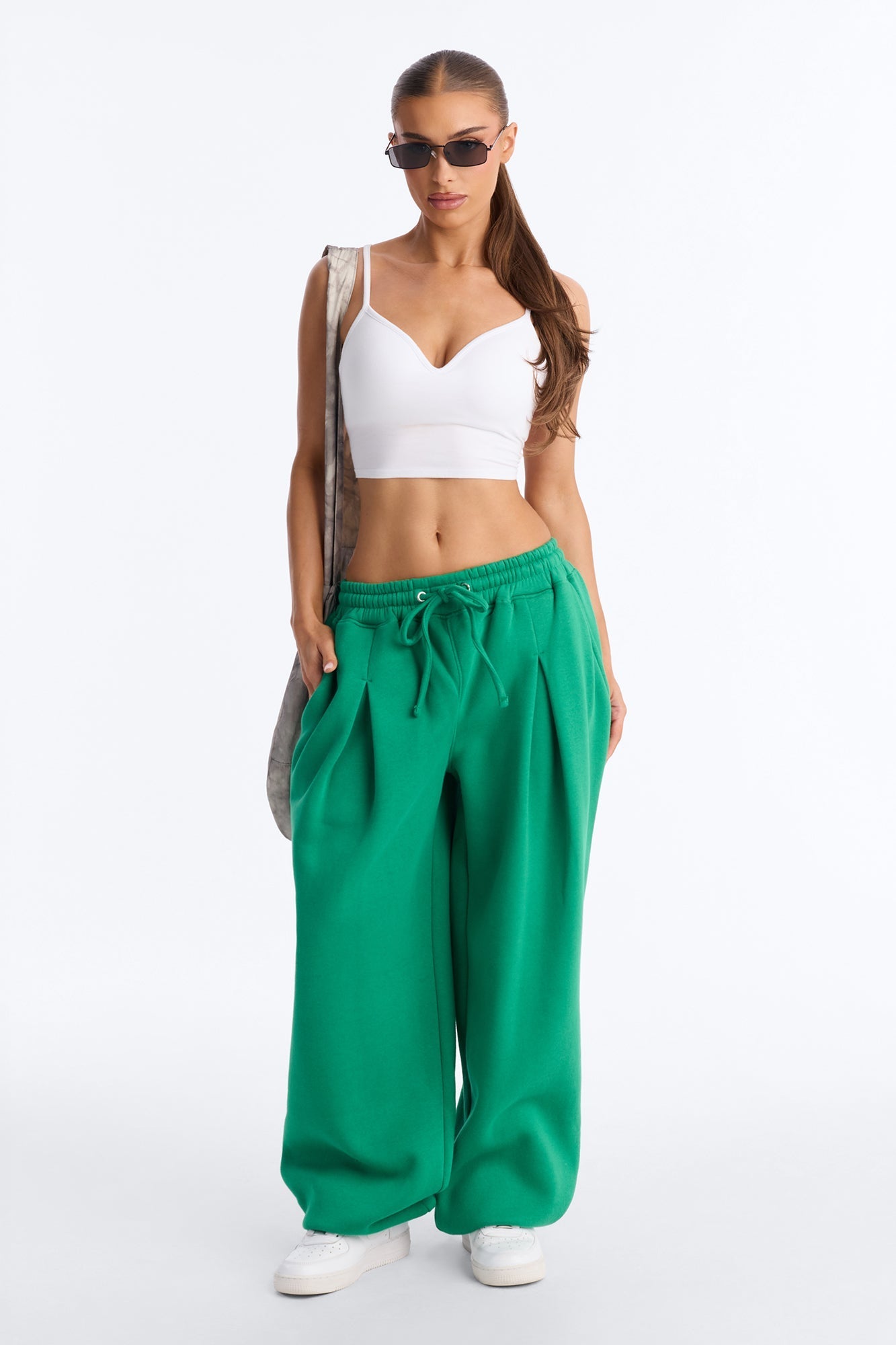 Mia Pleated Fleece Jogger Pants - Green NEWFASHIONEDGE