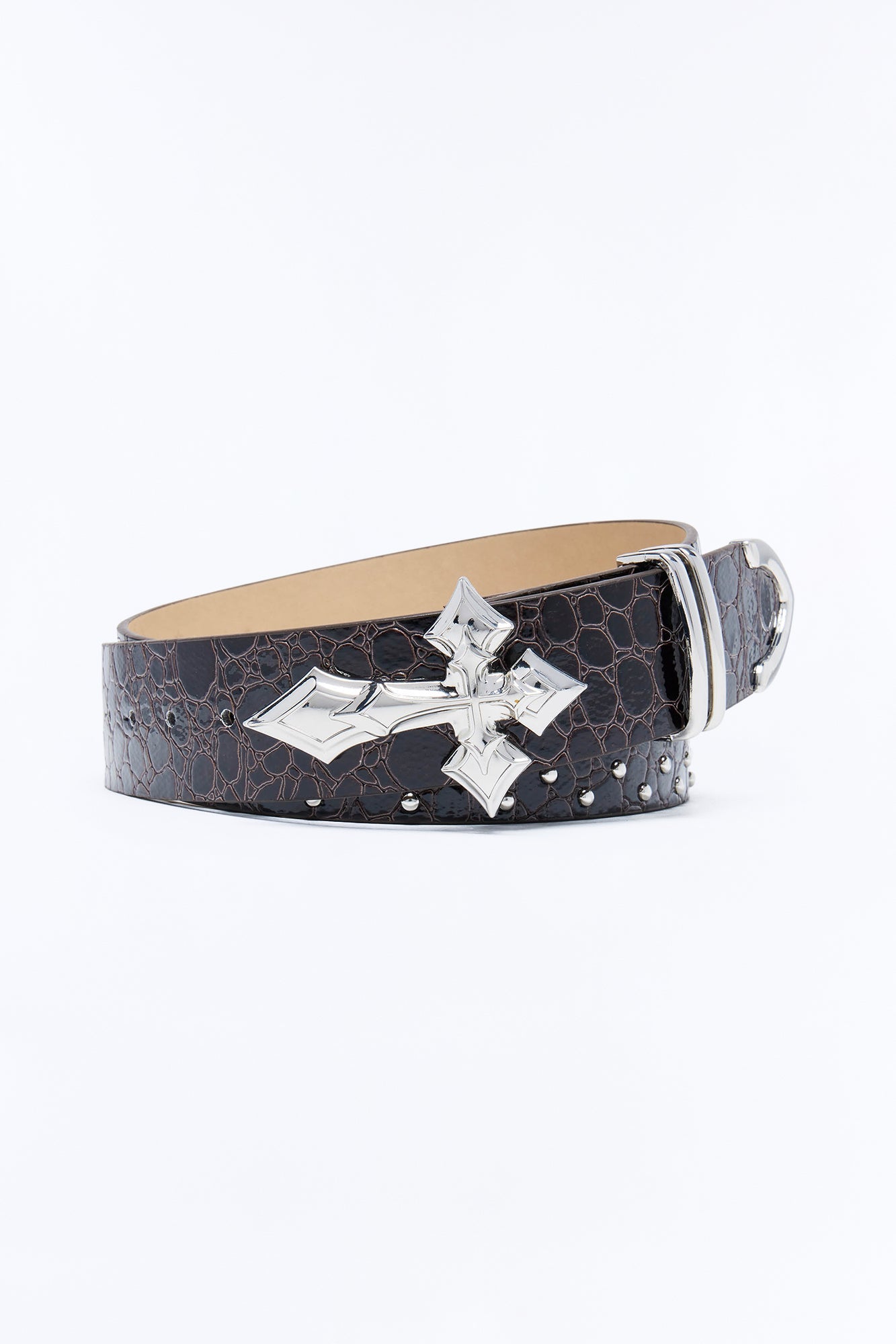 Cross Buckle Embossed Faux Leather Belt - Brown