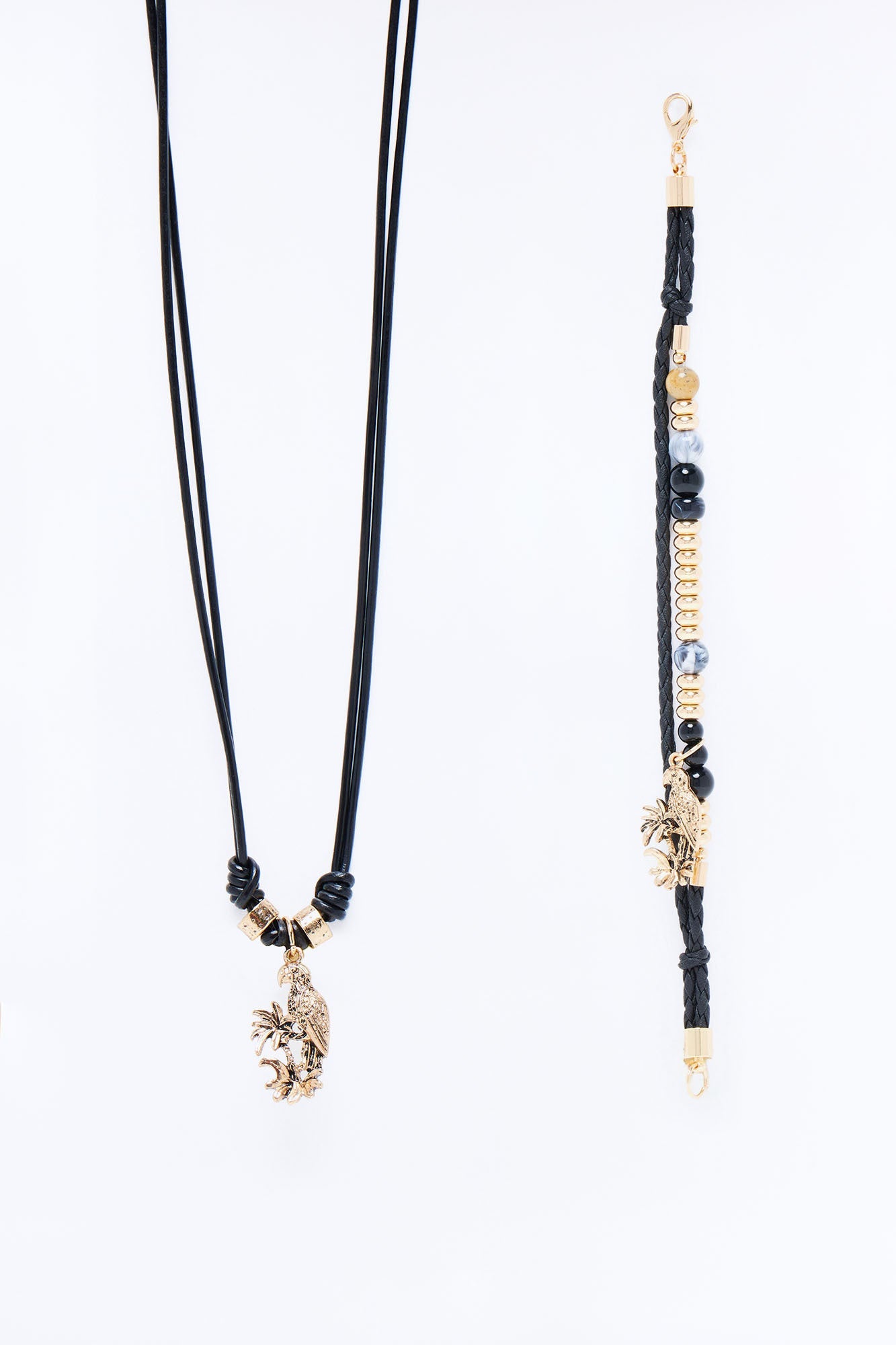Island Faux Leather Cording Necklace And Bracelet Set - Grey/Gold
