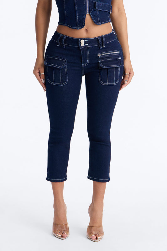 In Motion Low Rise Stretch Capri Jeans - Dark Wash NEWFASHIONEDGE
