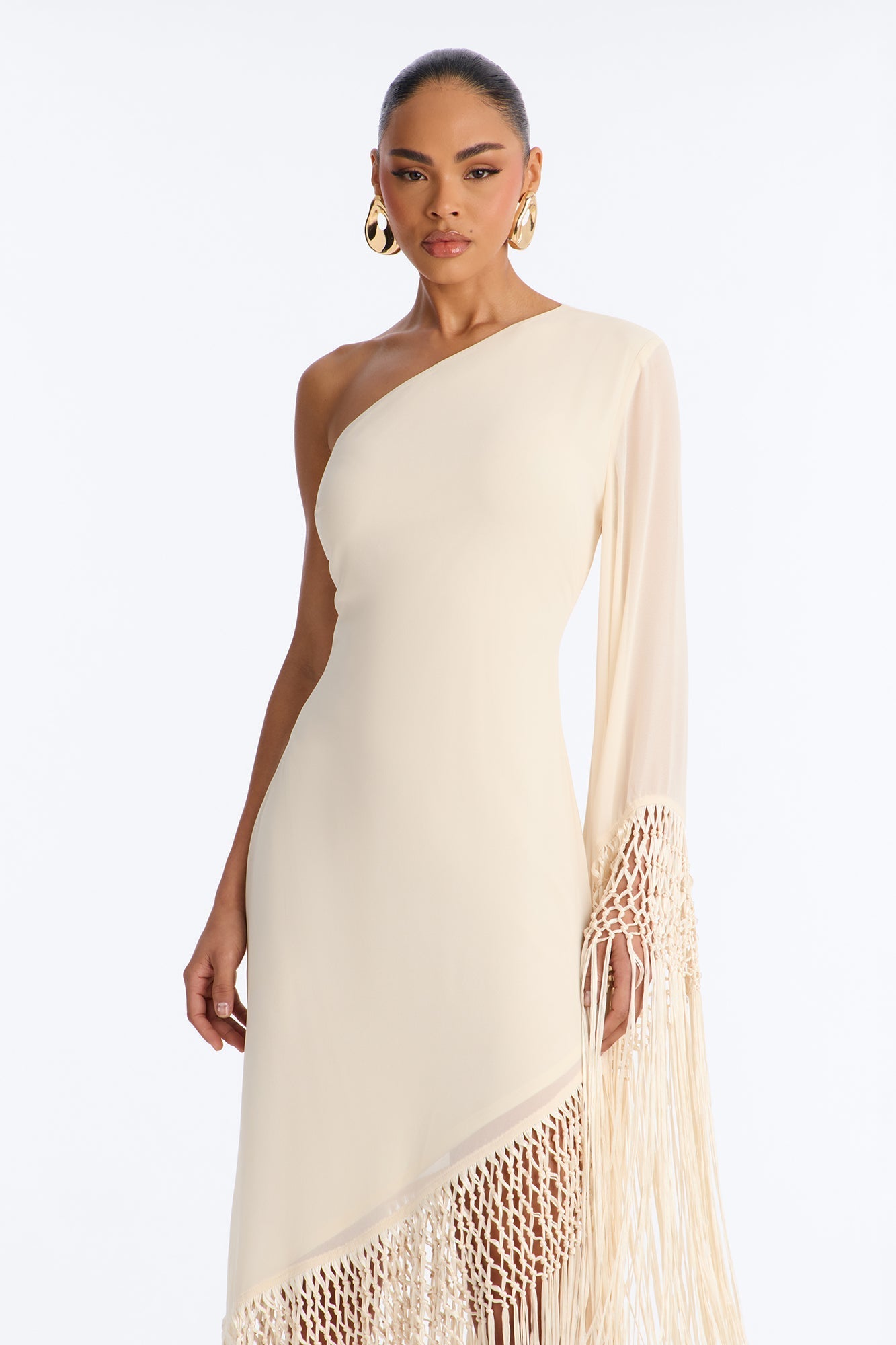 Capri Fringe Chiffon Maxi Dress - Cream NEWFASHIONEDGE