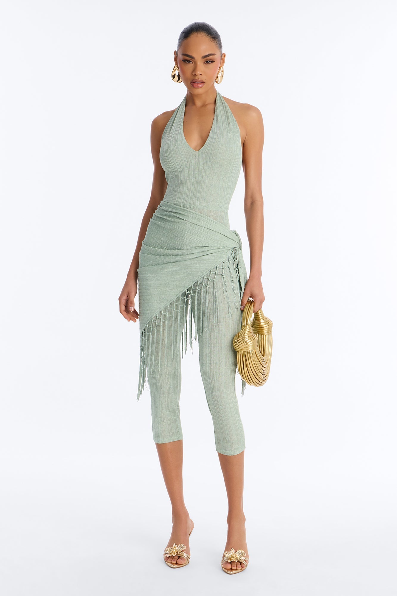 Emme Waist Tie Capri Catsuit - Sage NEWFASHIONEDGE