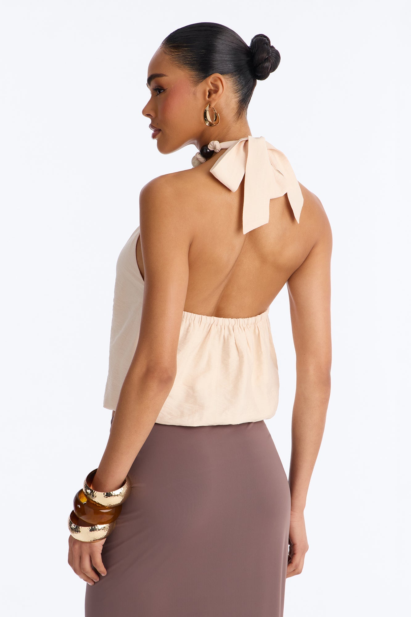Beach Breeze Beaded Linen Halter Top - Ivory NEWFASHIONEDGE