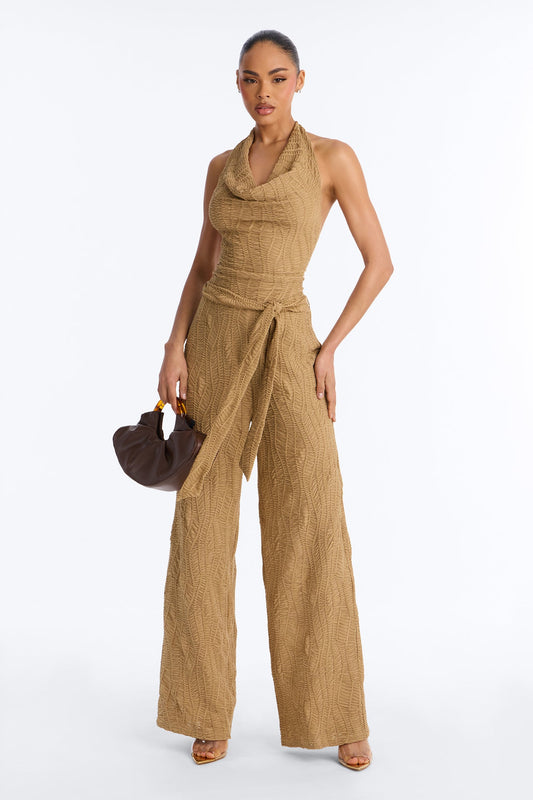 Emmy Textured Tie Waist Jumpsuit - Olive