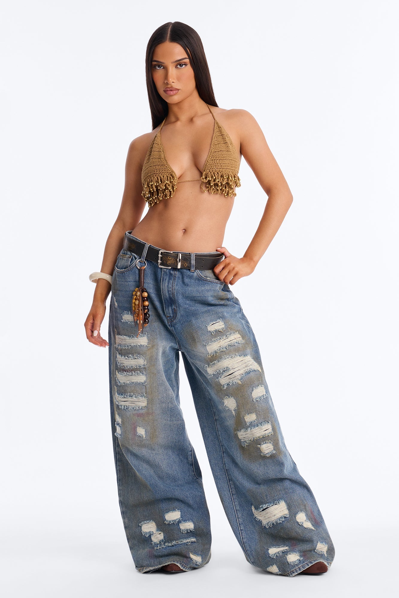 Click Bait Charm Ripped Belted Tinted Baggy Jeans - Vintage Wash NEWFASHIONEDGE