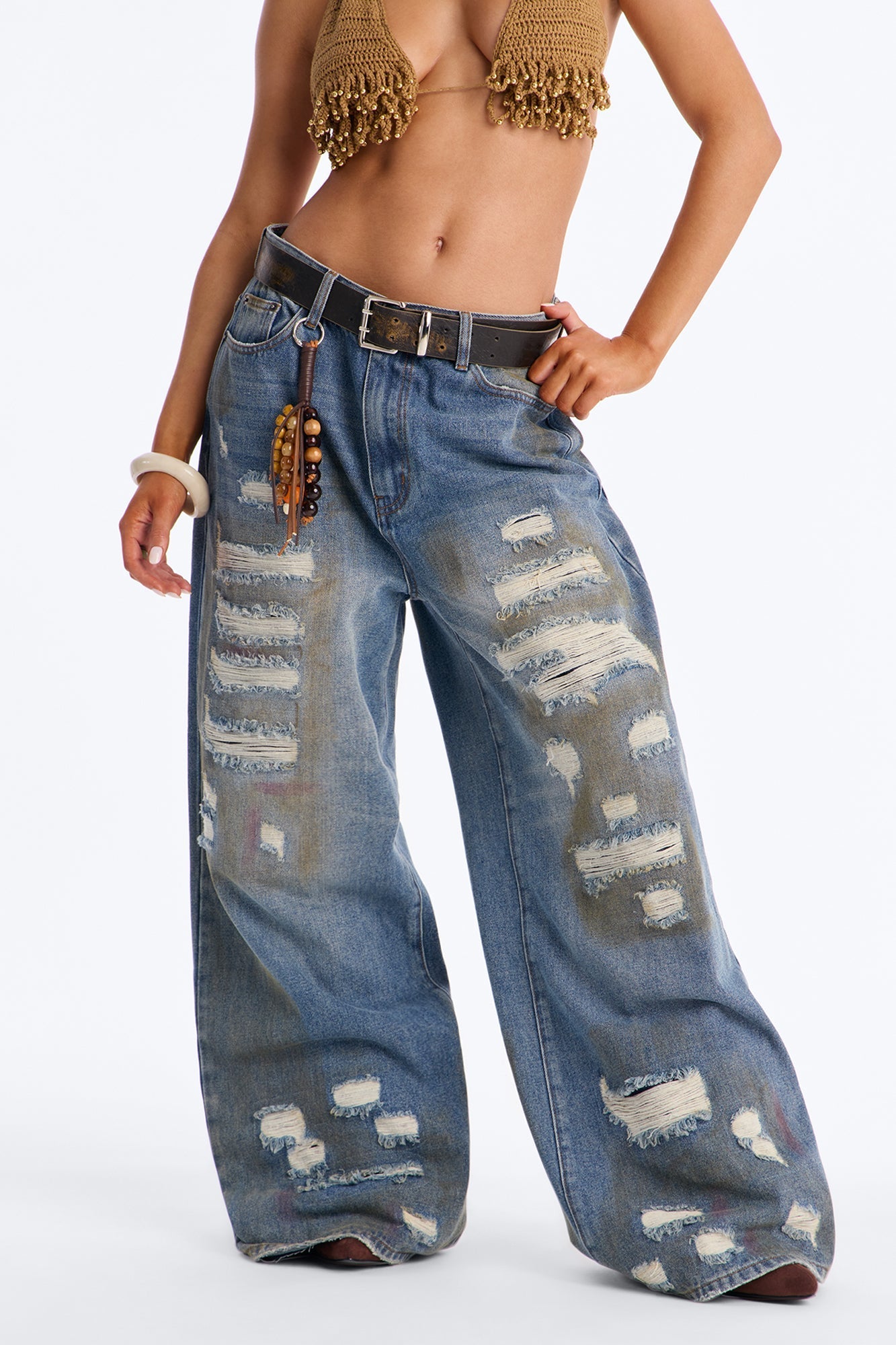 Click Bait Charm Ripped Belted Tinted Baggy Jeans - Vintage Wash NEWFASHIONEDGE