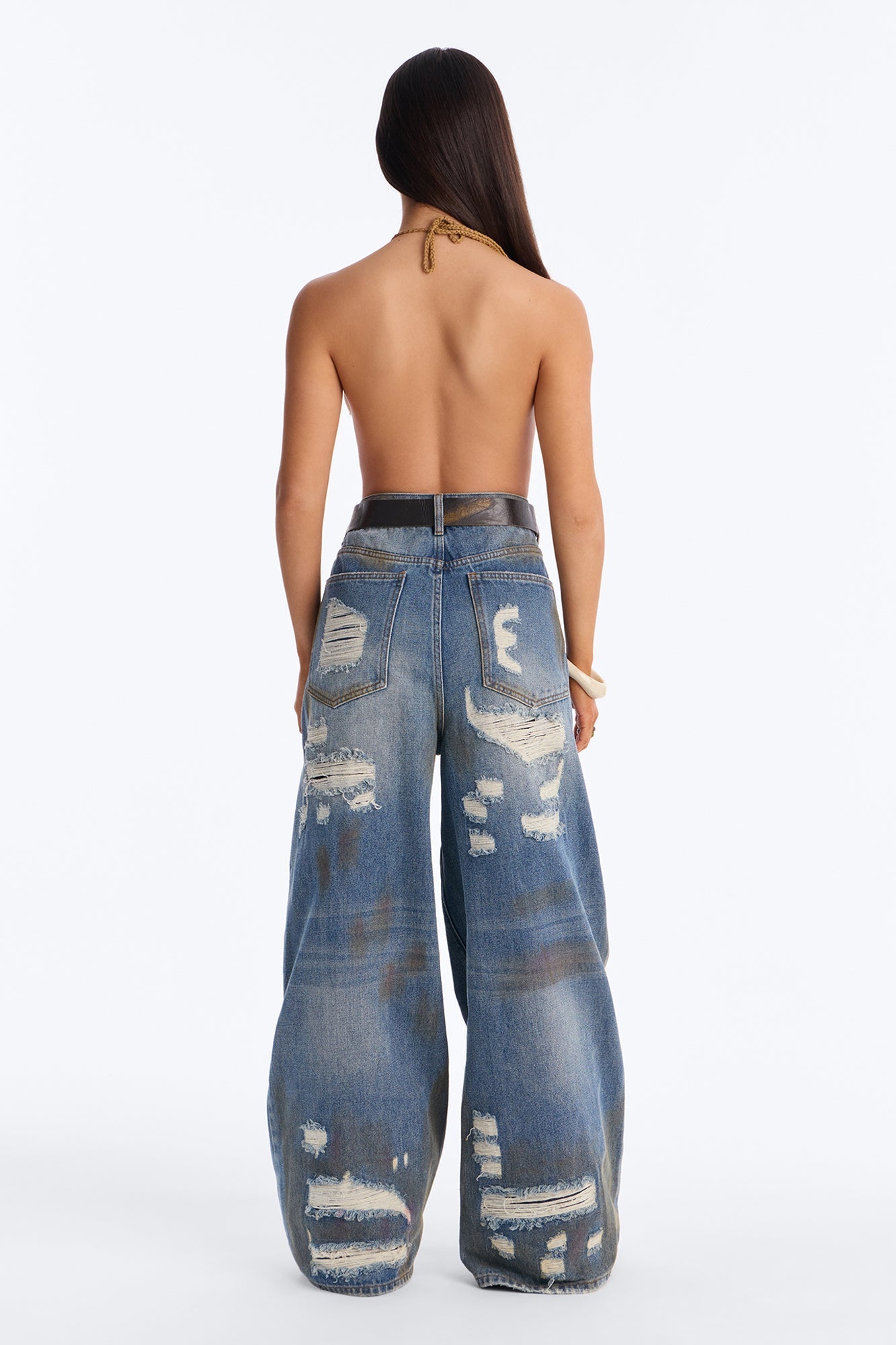 Click Bait Charm Ripped Belted Tinted Baggy Jeans - Vintage Wash NEWFASHIONEDGE