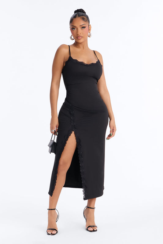 Mariana Lace Trim Midi Dress - Black