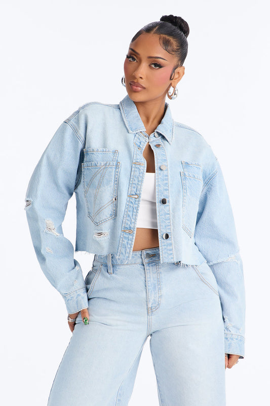 Clean Break Double Pocket Denim Shacket - Light Wash Fashion Nova