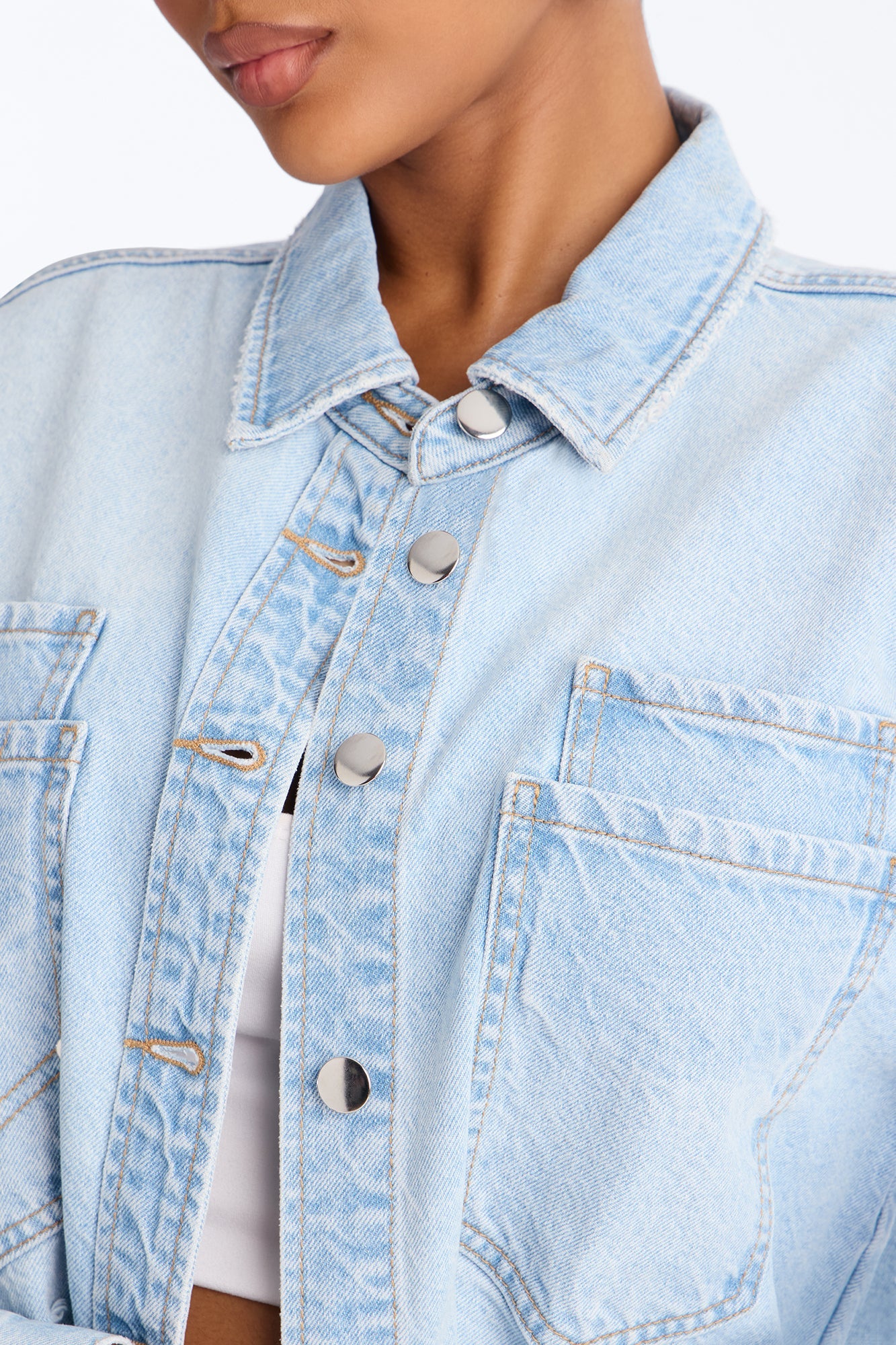 Clean Break Double Pocket Denim Shacket - Light Wash Fashion Nova
