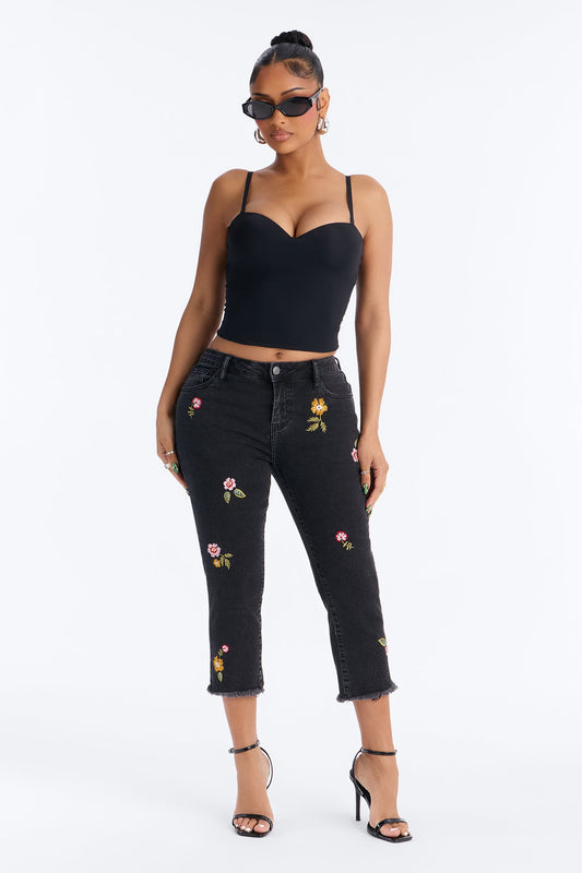 Flower Picker Embroidered Capri Jeans - Black Wash