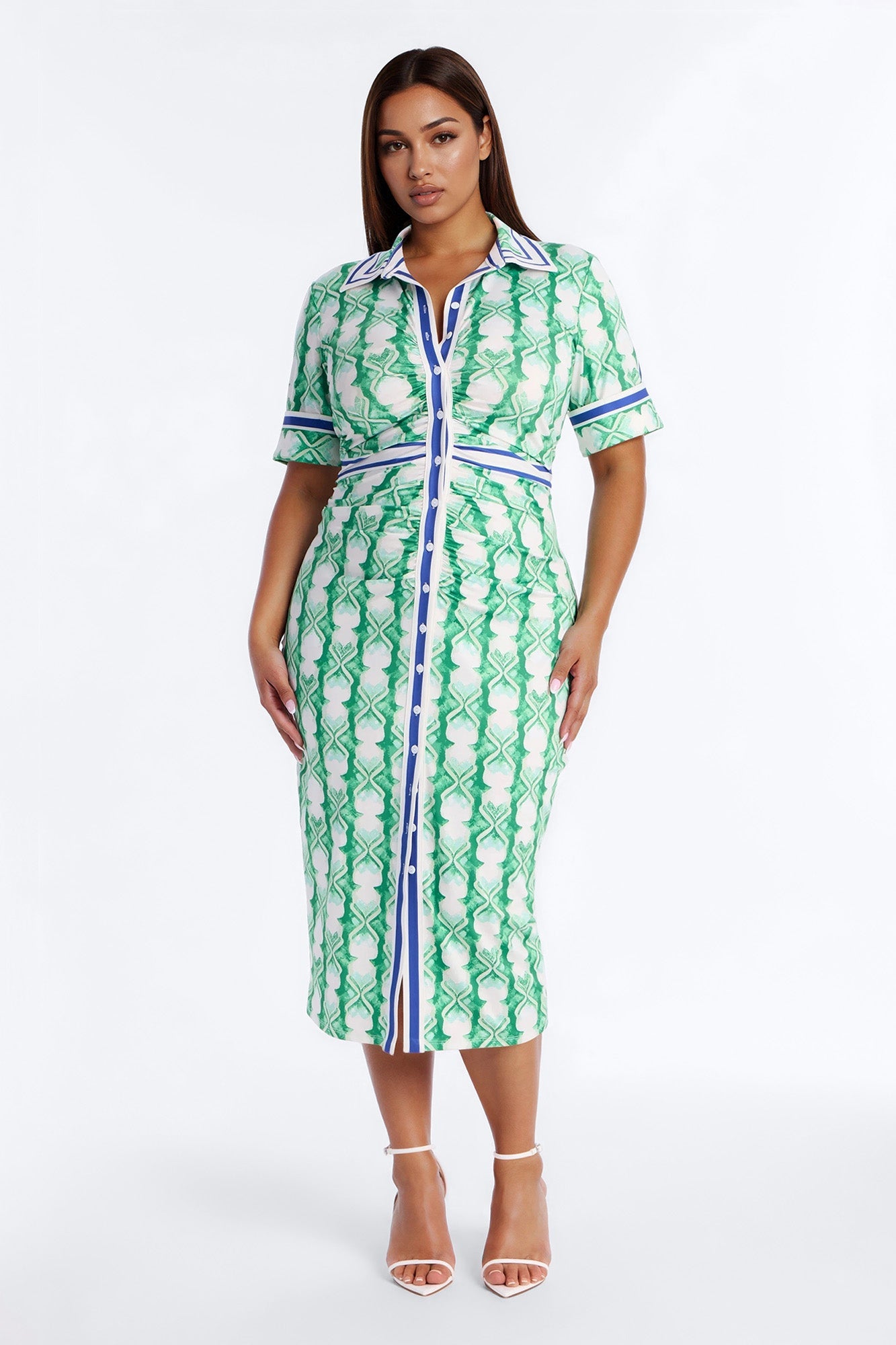 Camila Ruched Printed Midi Dress - Green/combo Fashion Nova
