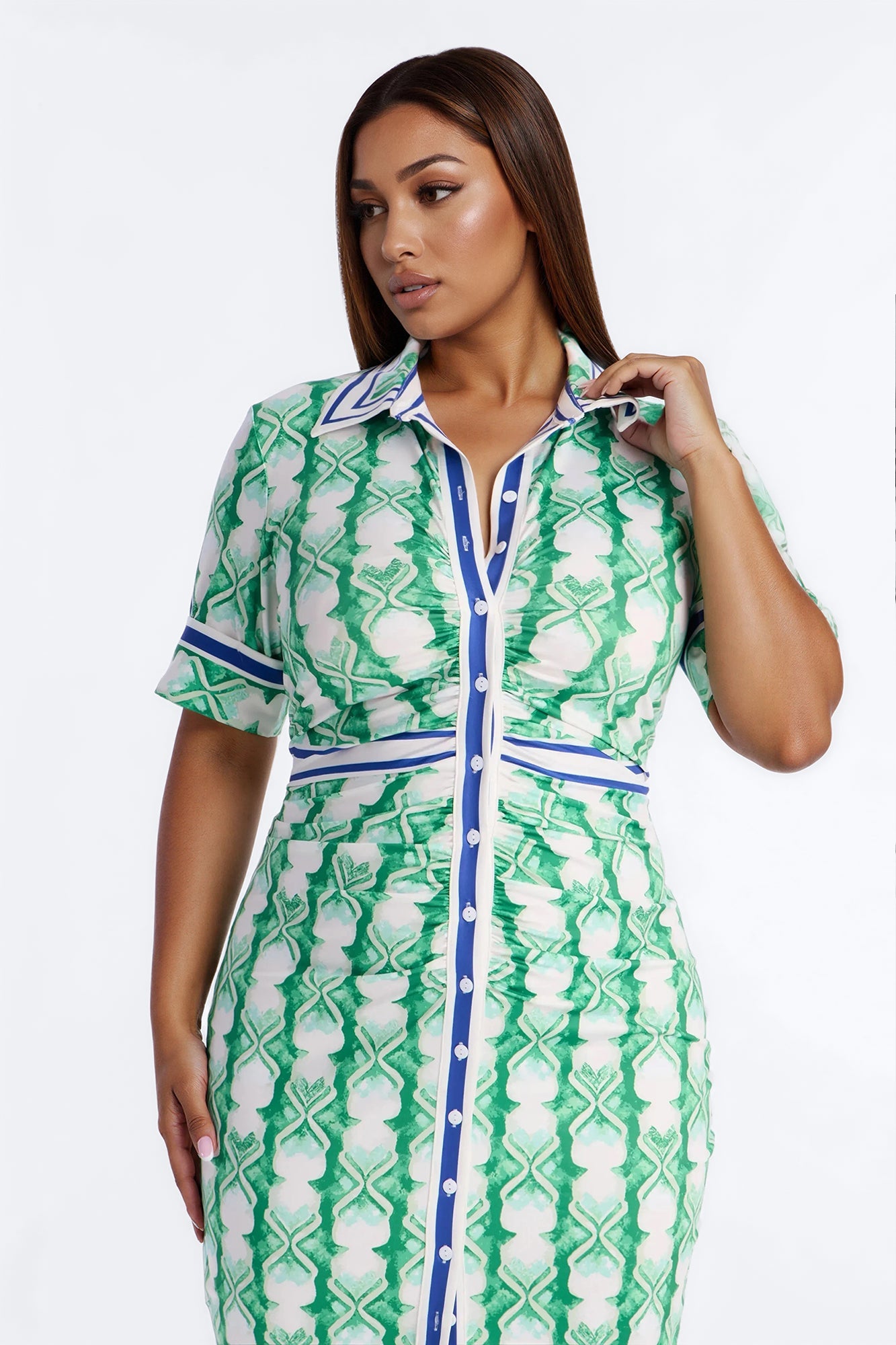 Camila Ruched Printed Midi Dress - Green/combo Fashion Nova