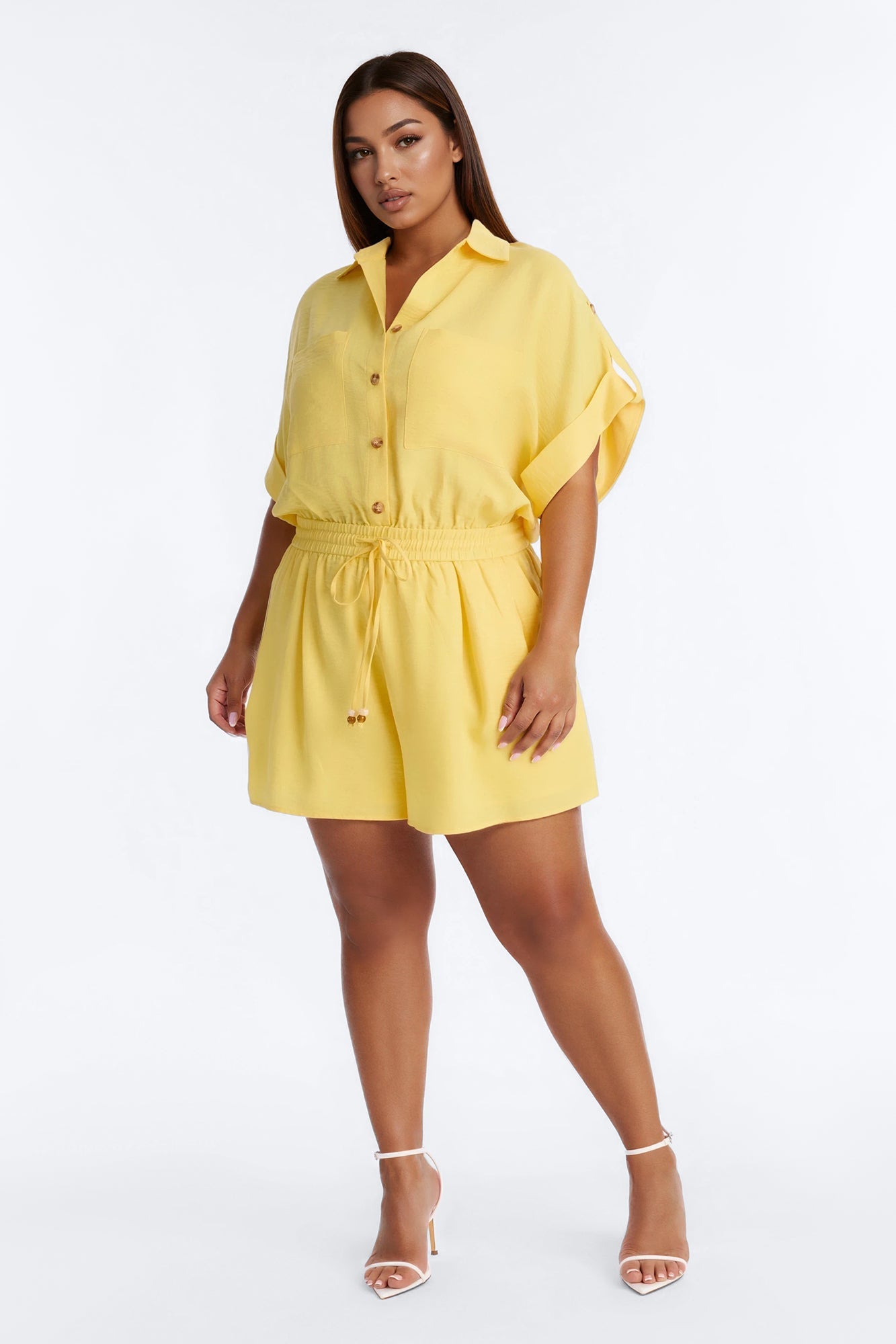 Lilah Collar Short Sleeve Romper - Yellow Fashion Nova