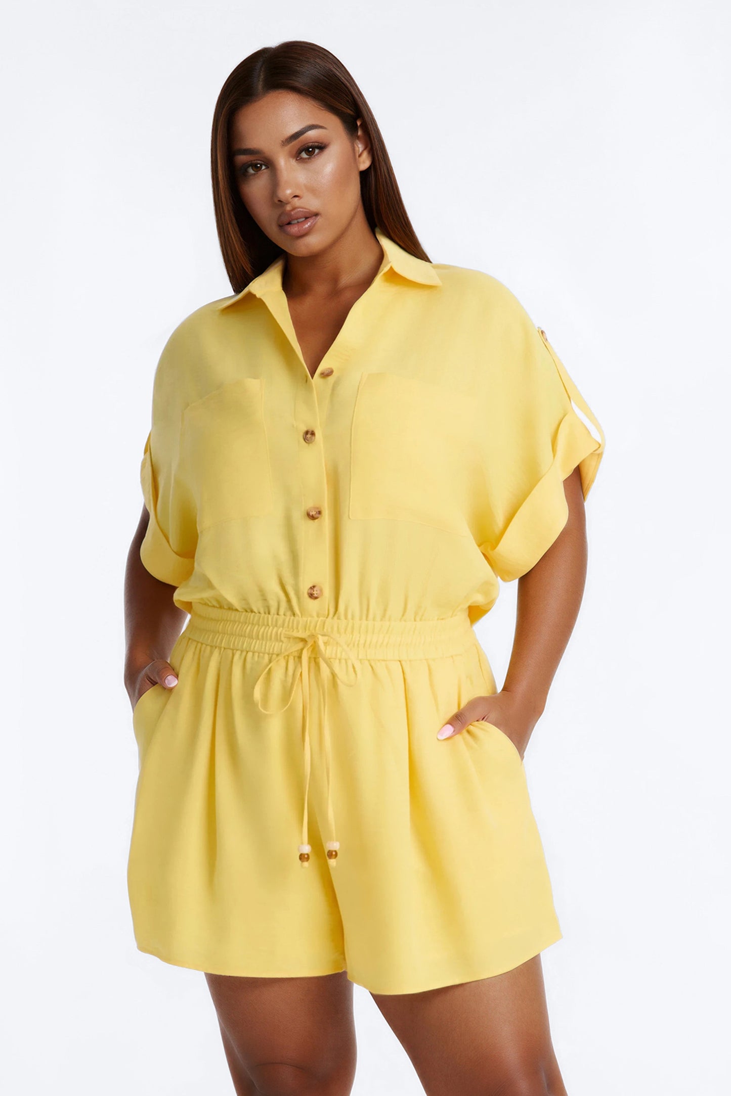 Lilah Collar Short Sleeve Romper - Yellow Fashion Nova