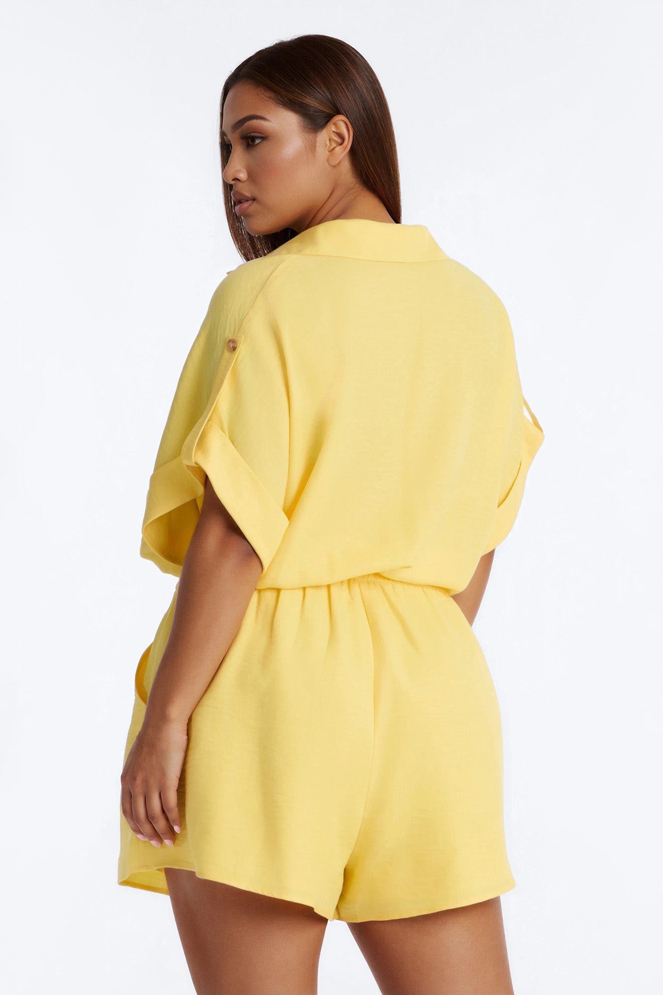 Lilah Collar Short Sleeve Romper - Yellow Fashion Nova