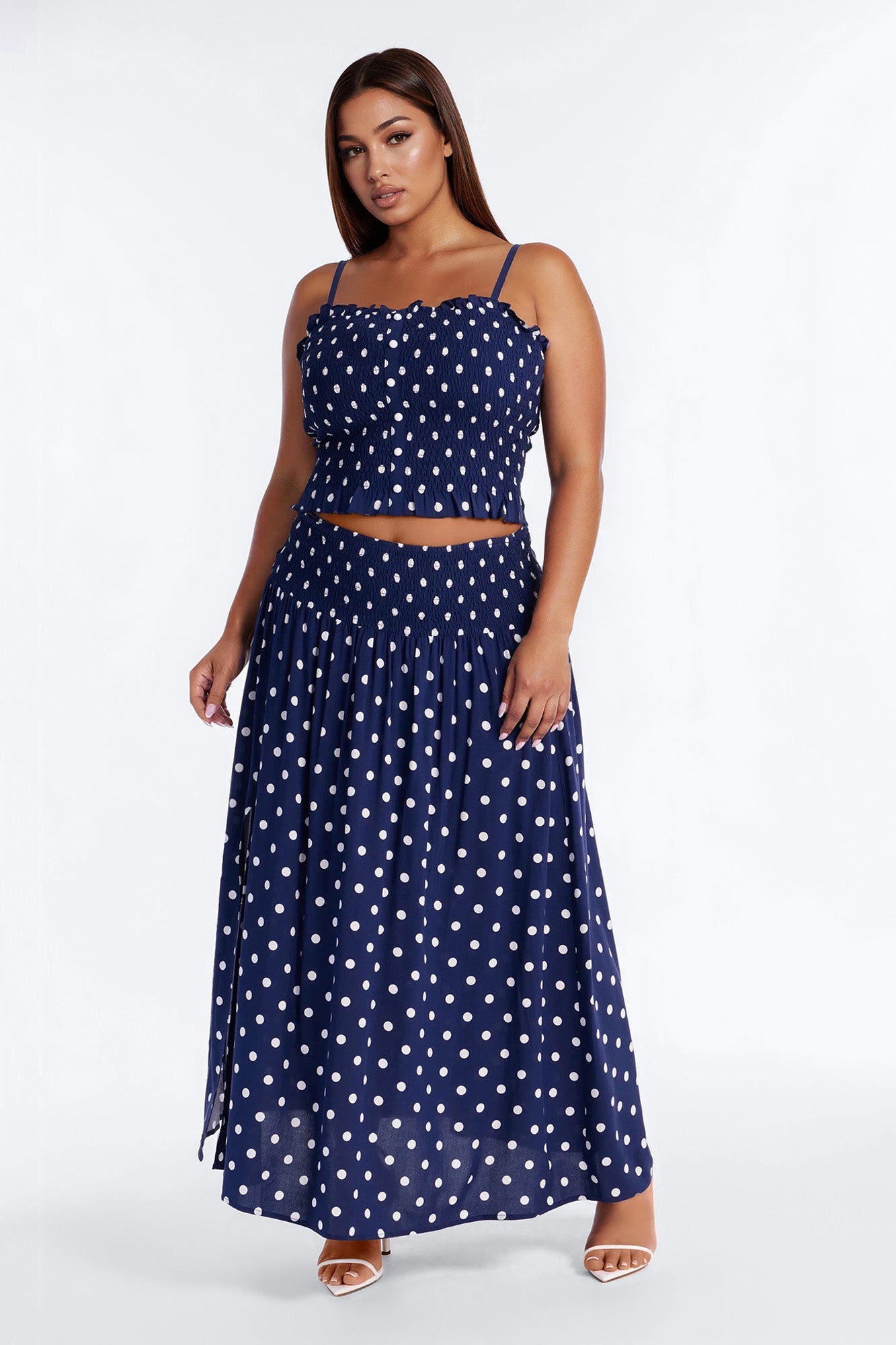 Sasha Satin Polka Dot Maxi Skirt Set - Navy/combo Fashion Nova