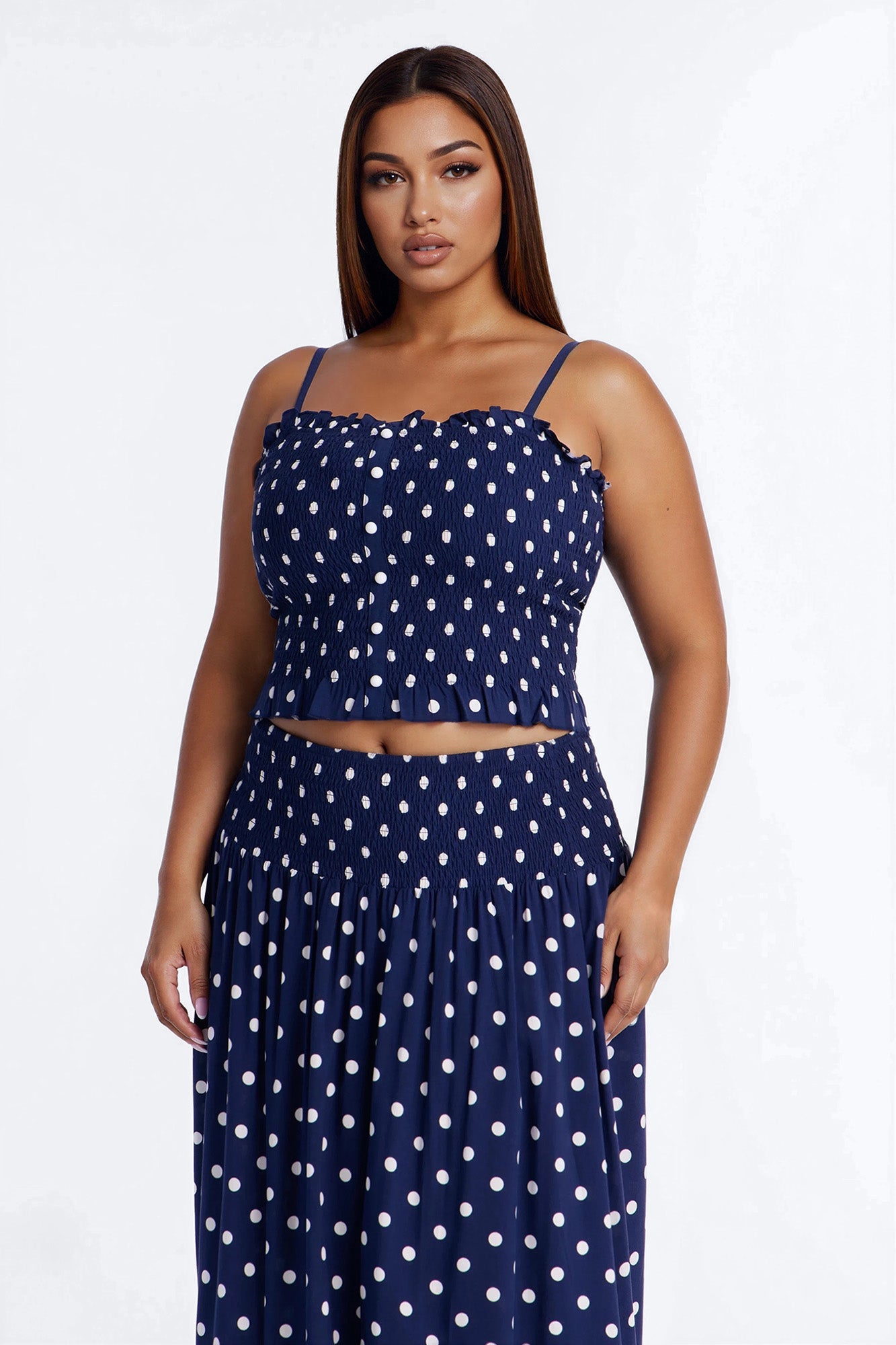 Sasha Satin Polka Dot Maxi Skirt Set - Navy/combo Fashion Nova