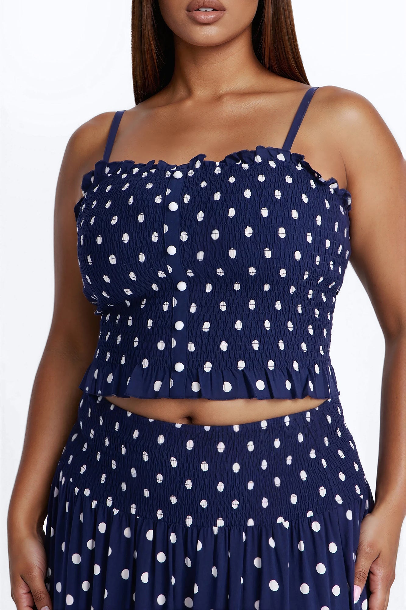 Sasha Satin Polka Dot Maxi Skirt Set - Navy/combo Fashion Nova
