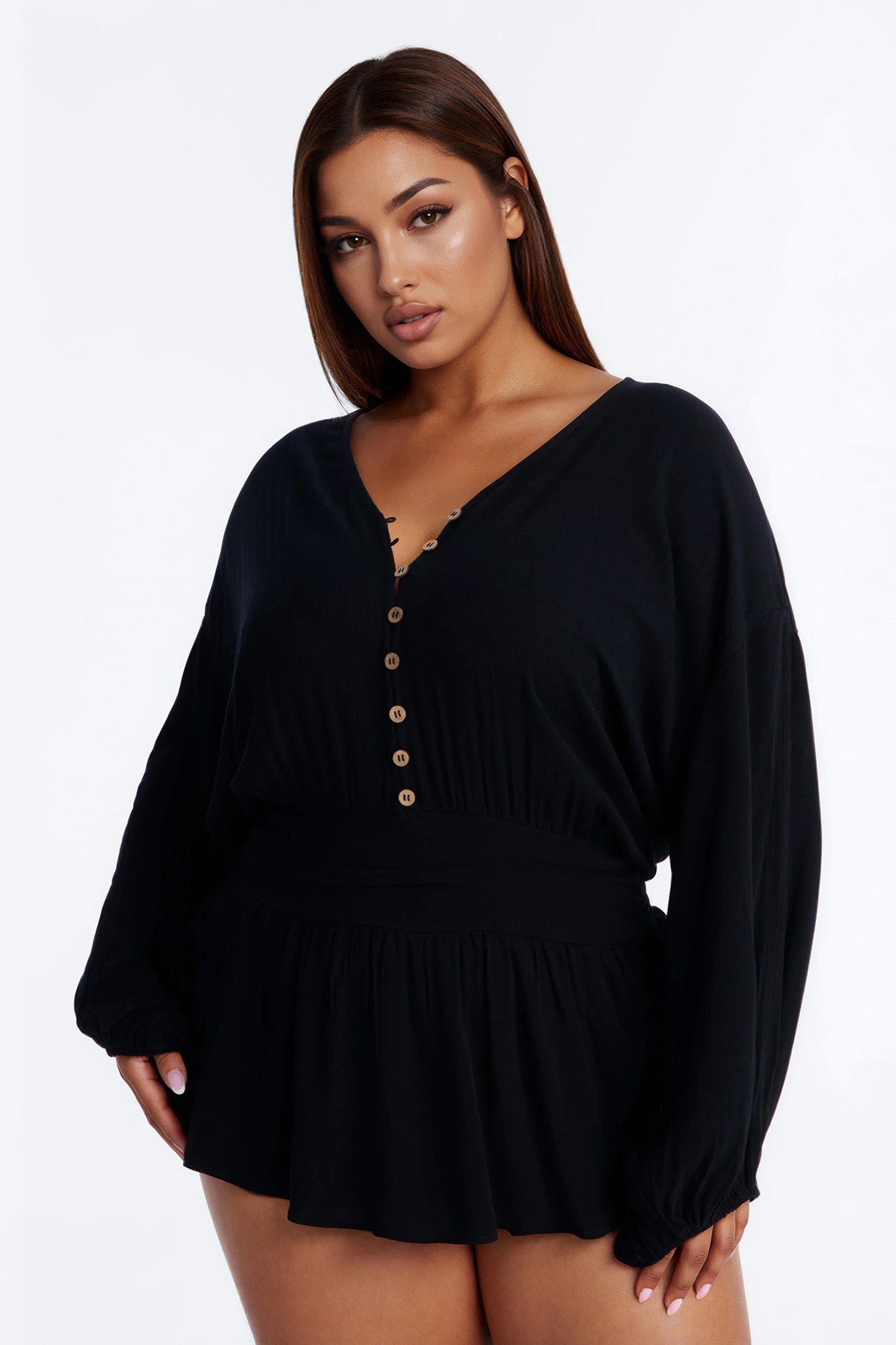 Layna Long Sleeve Flowy Romper - Black Fashion Nova