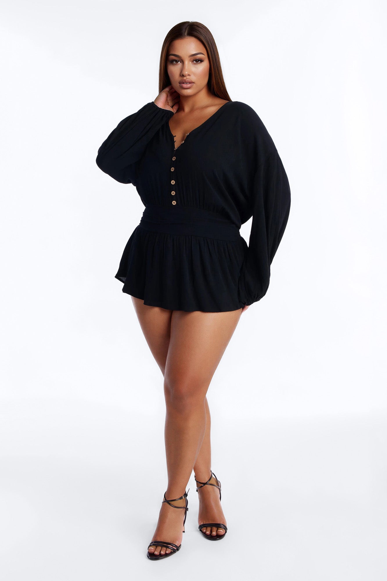 Layna Long Sleeve Flowy Romper - Black Fashion Nova