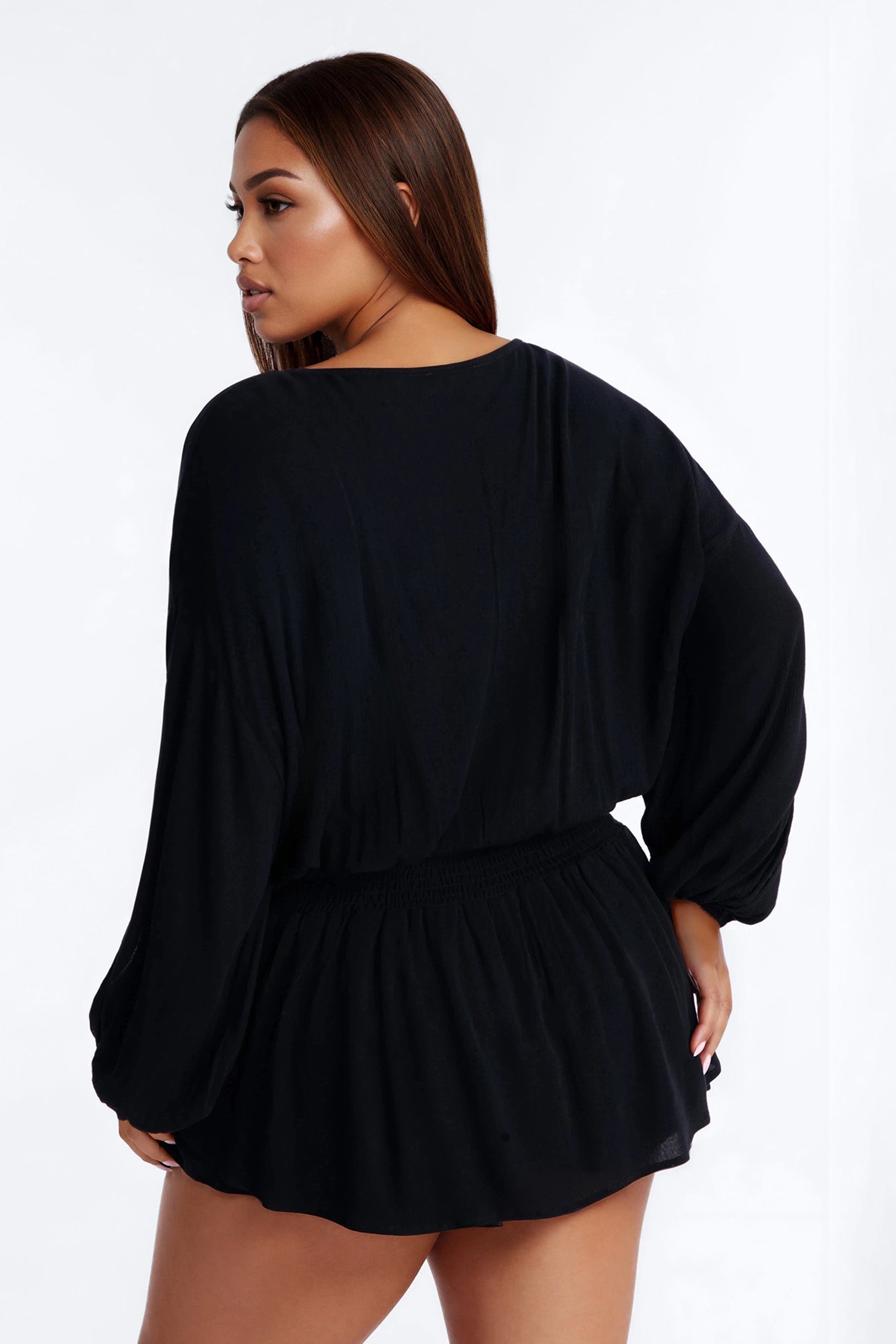 Layna Long Sleeve Flowy Romper - Black Fashion Nova