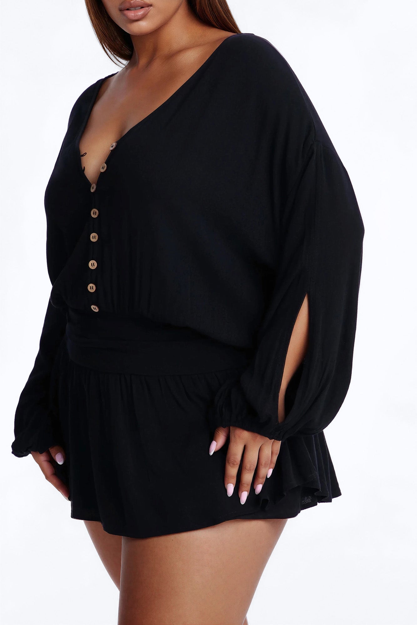 Layna Long Sleeve Flowy Romper - Black Fashion Nova