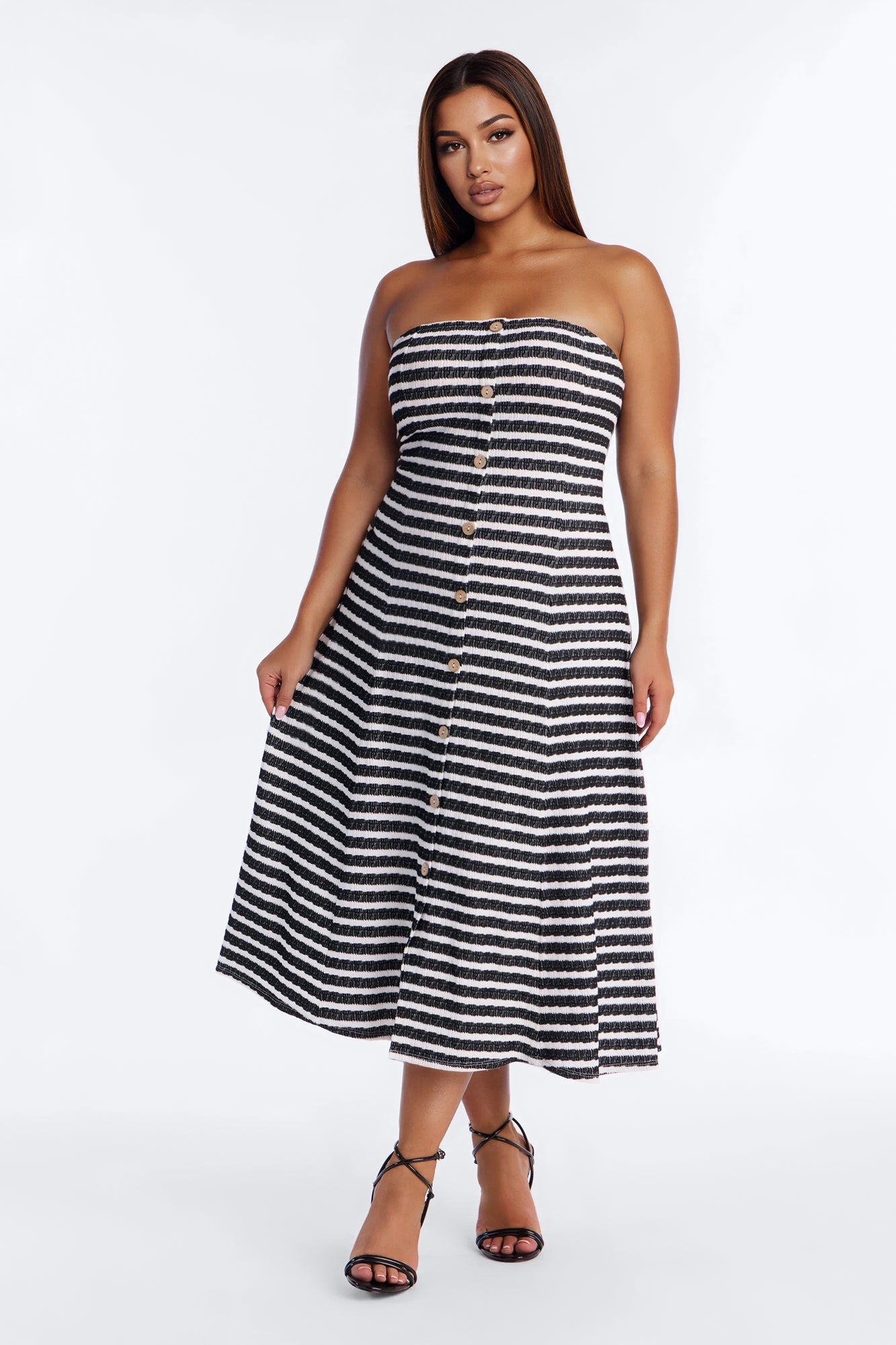 Celia Striped Textured Midi Dress - Black/White Fashion Nova
