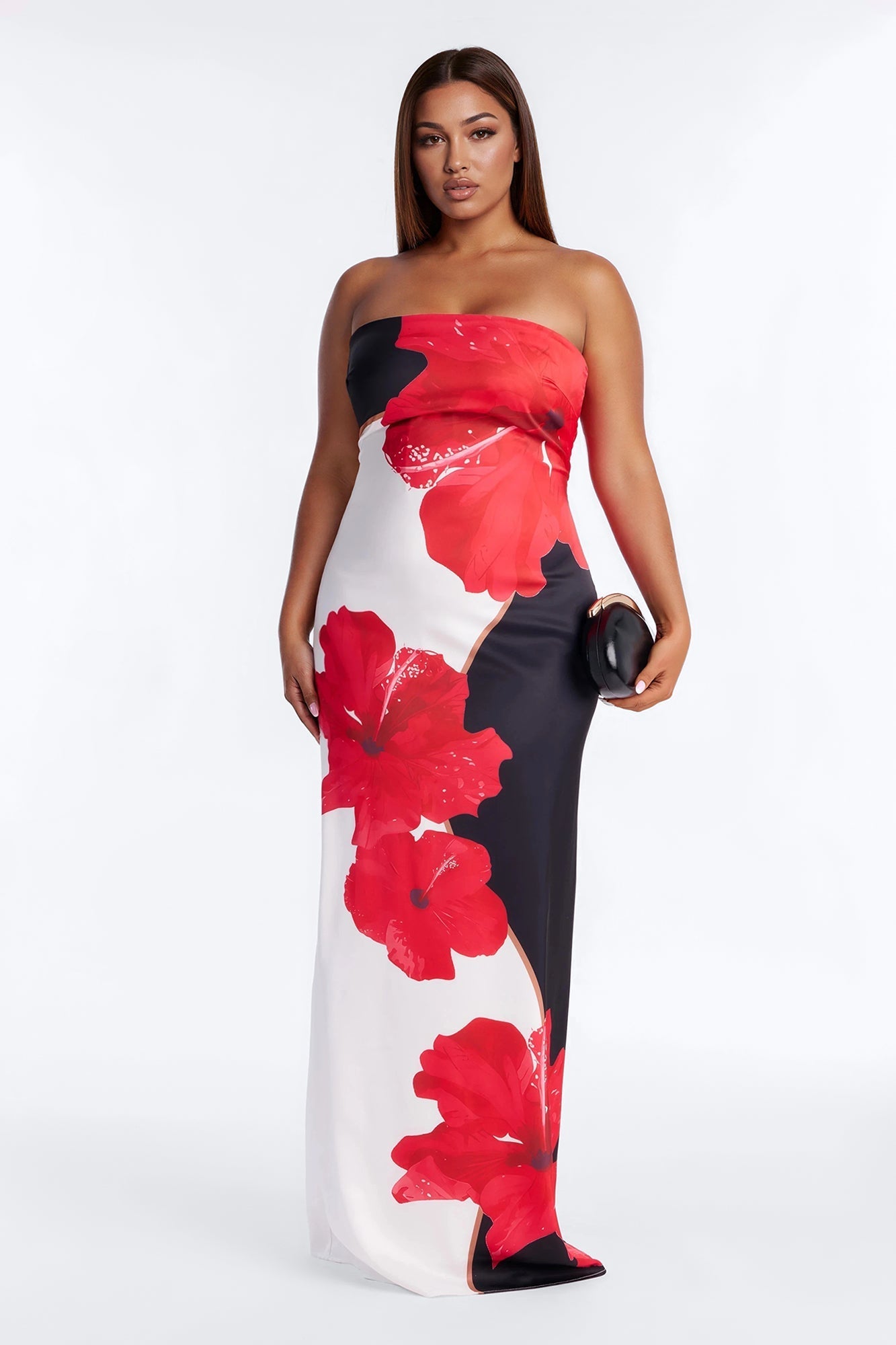 Kianna Strapless Satin Maxi Dress - Red/combo NEWFASHIONEDGE