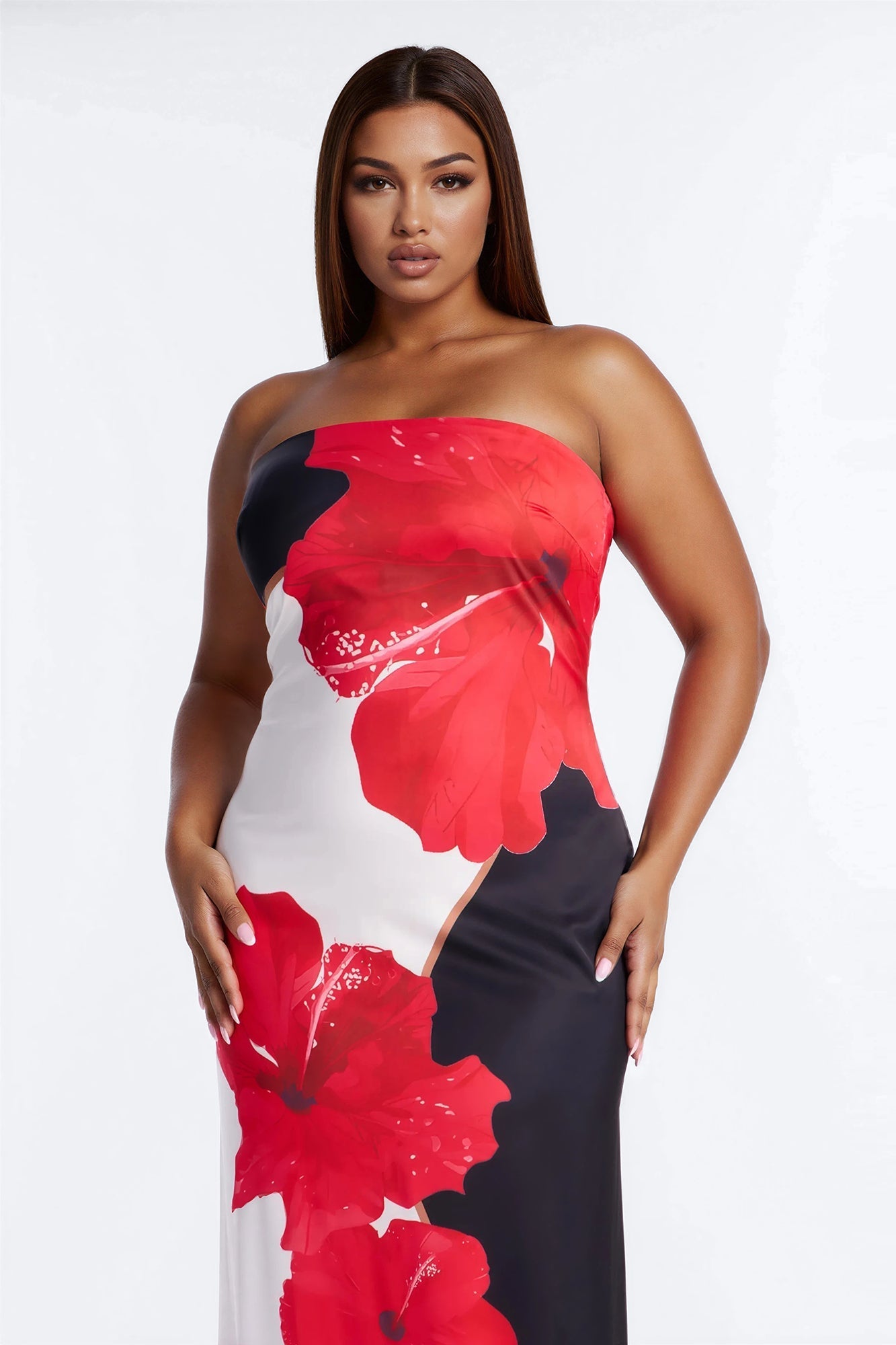 Kianna Strapless Satin Maxi Dress - Red/combo NEWFASHIONEDGE