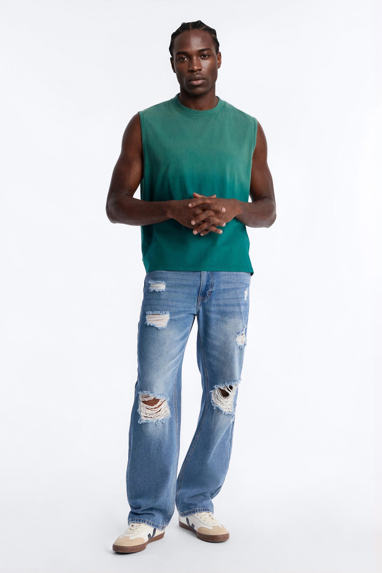 Essential Destroyed Straight Rigid Jean - Medium Blue Wash